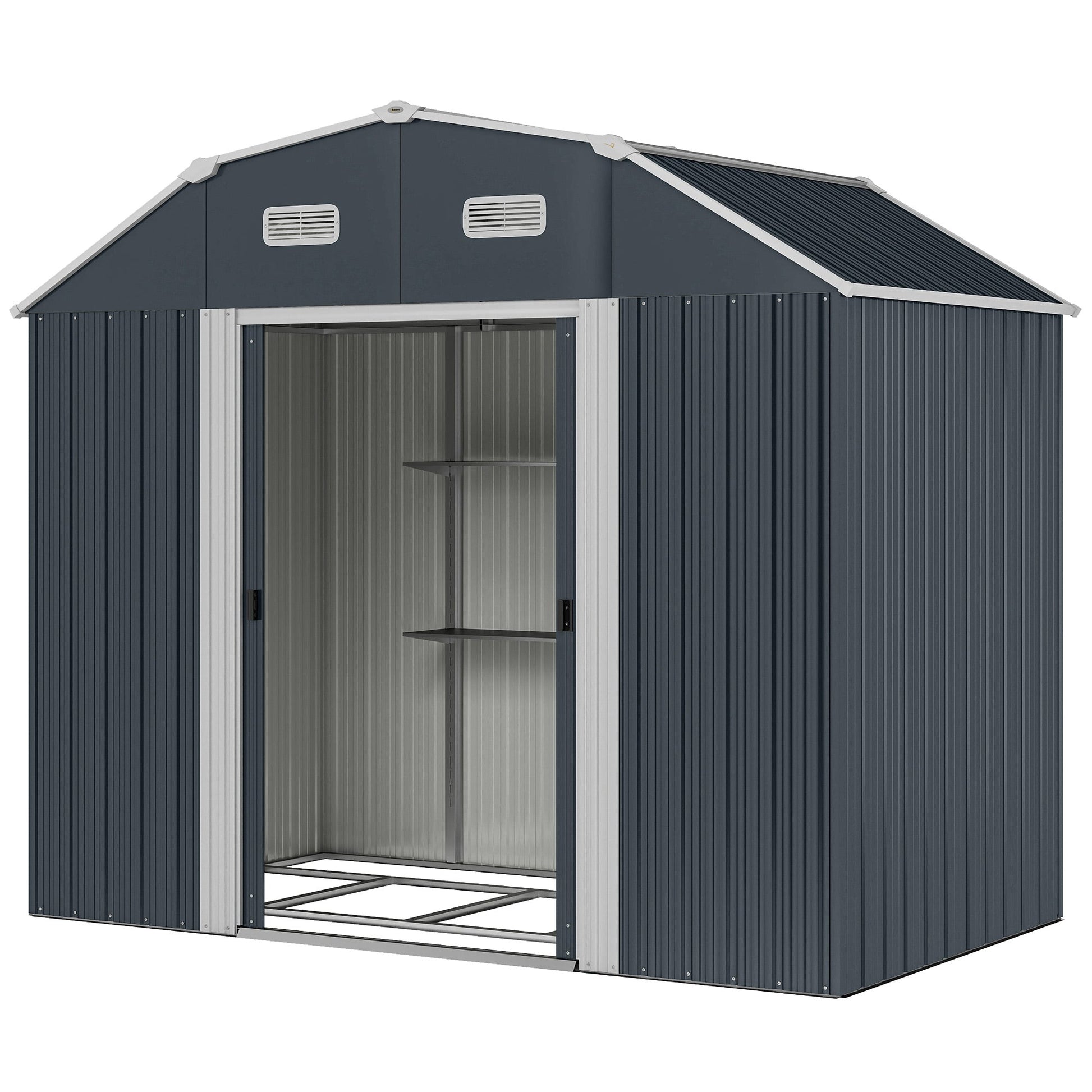 8' x 4' Galvanized Garden Shed with Adjustable Shelves and Foundation Kit, Outdoor Metal Shed with Double Sliding Doors and Vents for Lawn, Patio, Dark Grey