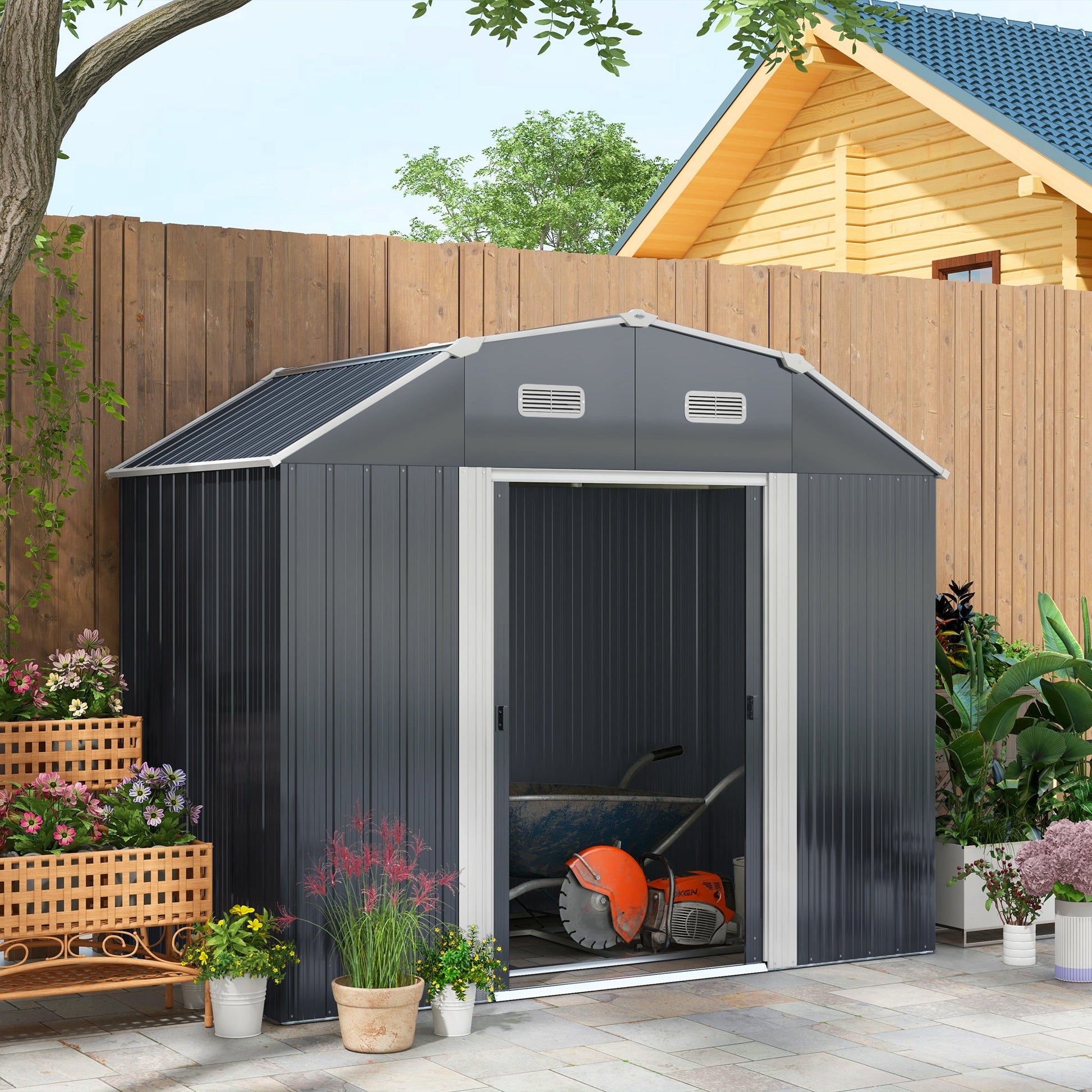 8' x 4' Galvanized Garden Shed with Adjustable Shelves and Foundation Kit, Outdoor Metal Shed with Double Sliding Doors and Vents for Lawn, Patio, Dark Grey