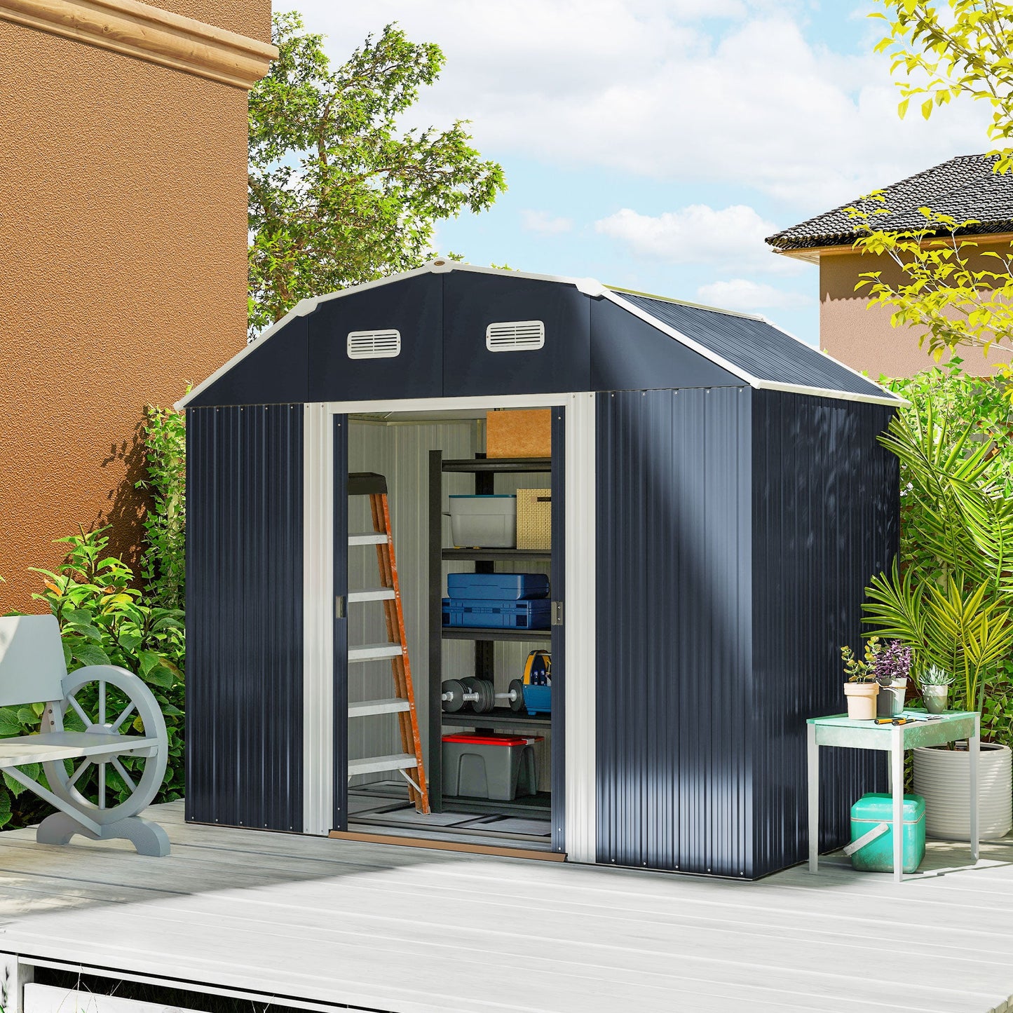 8' x 4' Galvanized Garden Shed with Adjustable Shelves and Foundation Kit, Outdoor Metal Shed with Double Sliding Doors and Vents for Lawn, Patio, Dark Grey