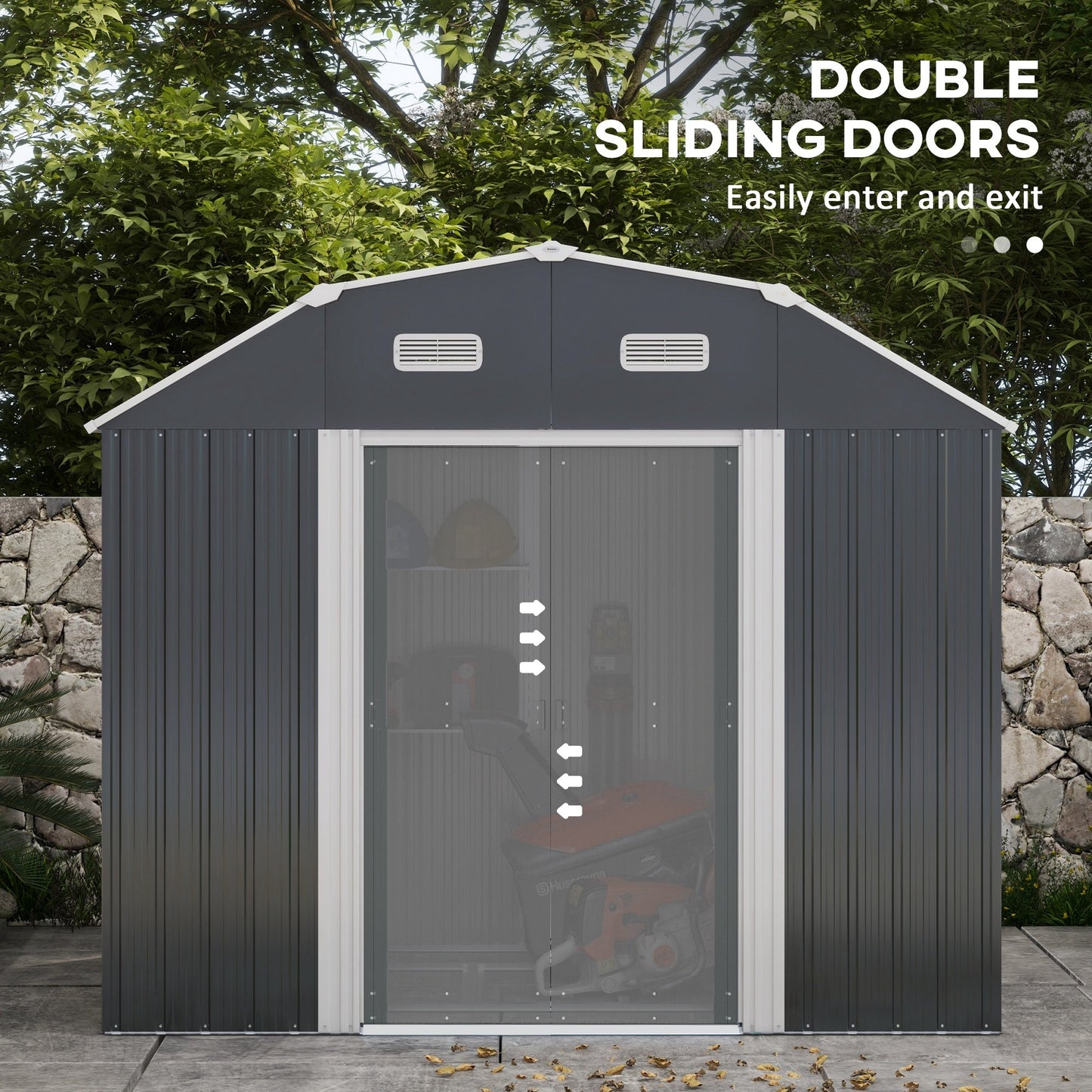 8' x 4' Galvanized Garden Shed with Adjustable Shelves and Foundation Kit, Outdoor Metal Shed with Double Sliding Doors and Vents for Lawn, Patio, Dark Grey