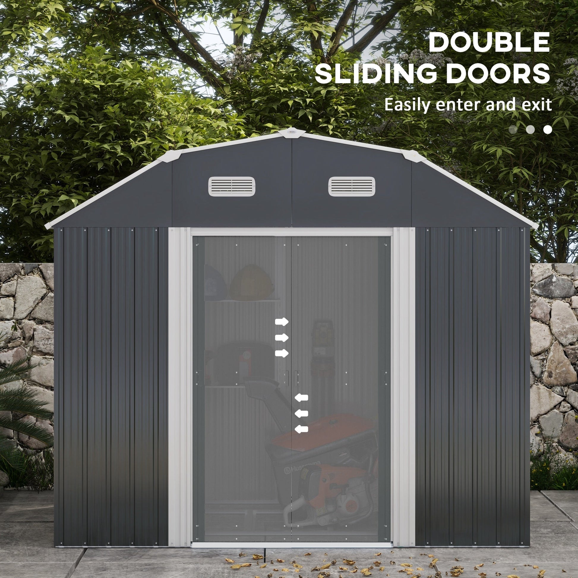 8' x 4' Galvanized Garden Shed with Adjustable Shelves and Foundation Kit, Outdoor Metal Shed with Double Sliding Doors and Vents for Lawn, Patio, Dark Grey