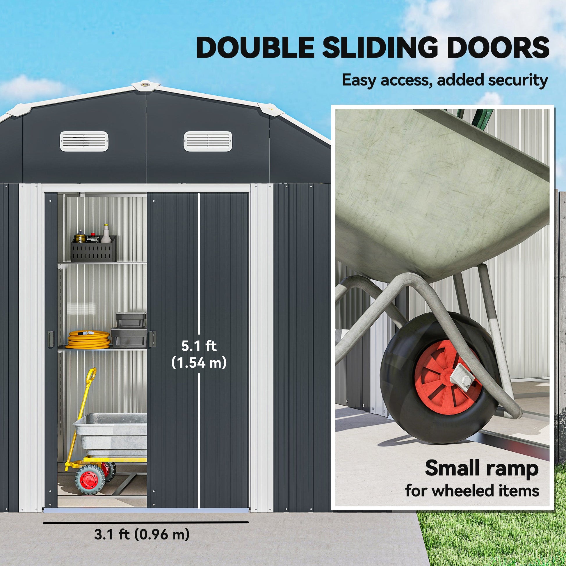 8' x 4' Galvanized Garden Shed with Adjustable Shelves and Foundation Kit, Outdoor Metal Shed with Double Sliding Doors and Vents for Lawn, Patio, Dark Grey