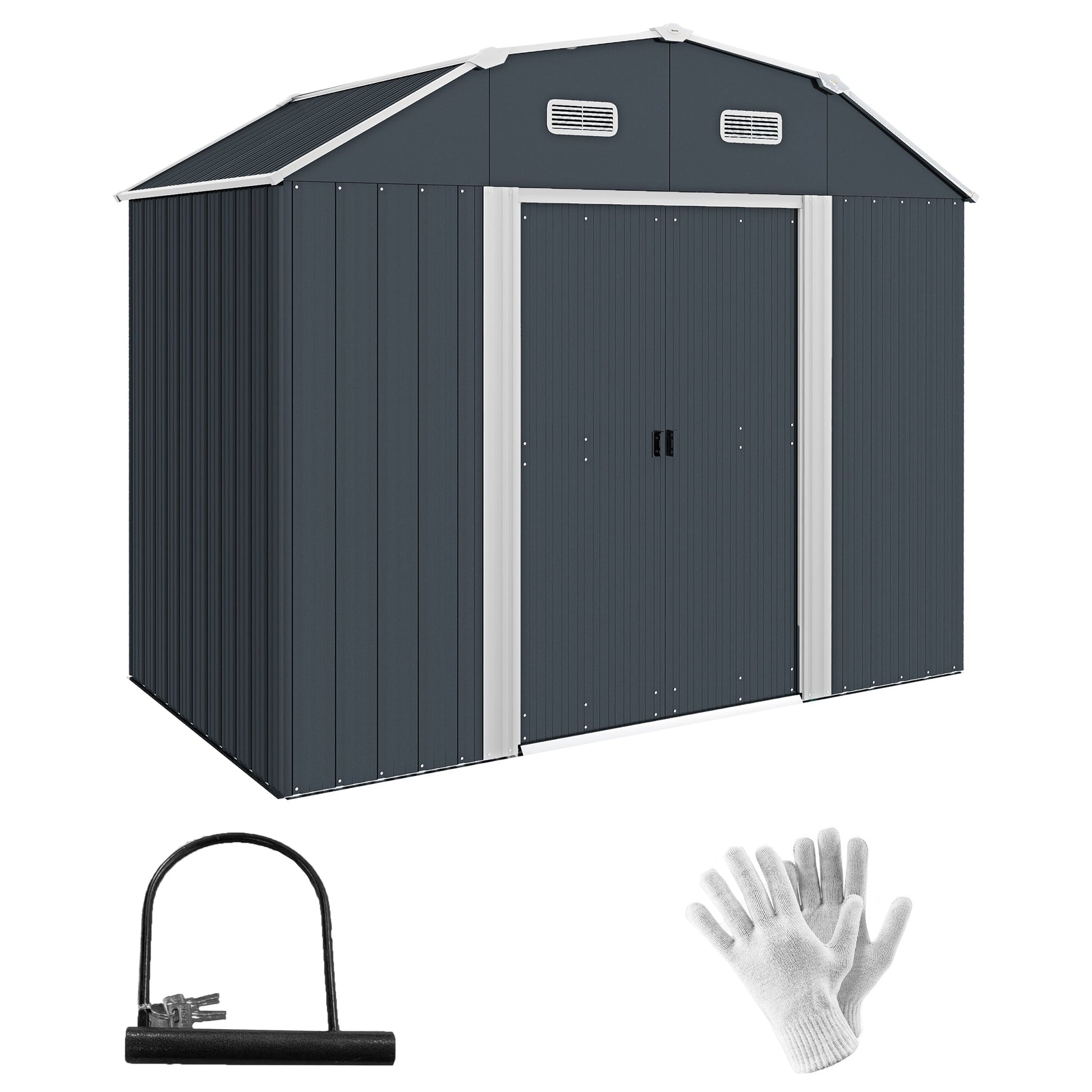 8' x 4' Galvanized Garden Shed with Adjustable Shelves and Foundation Kit, Outdoor Metal Shed with Double Sliding Doors and Vents for Lawn, Patio, Dark Grey