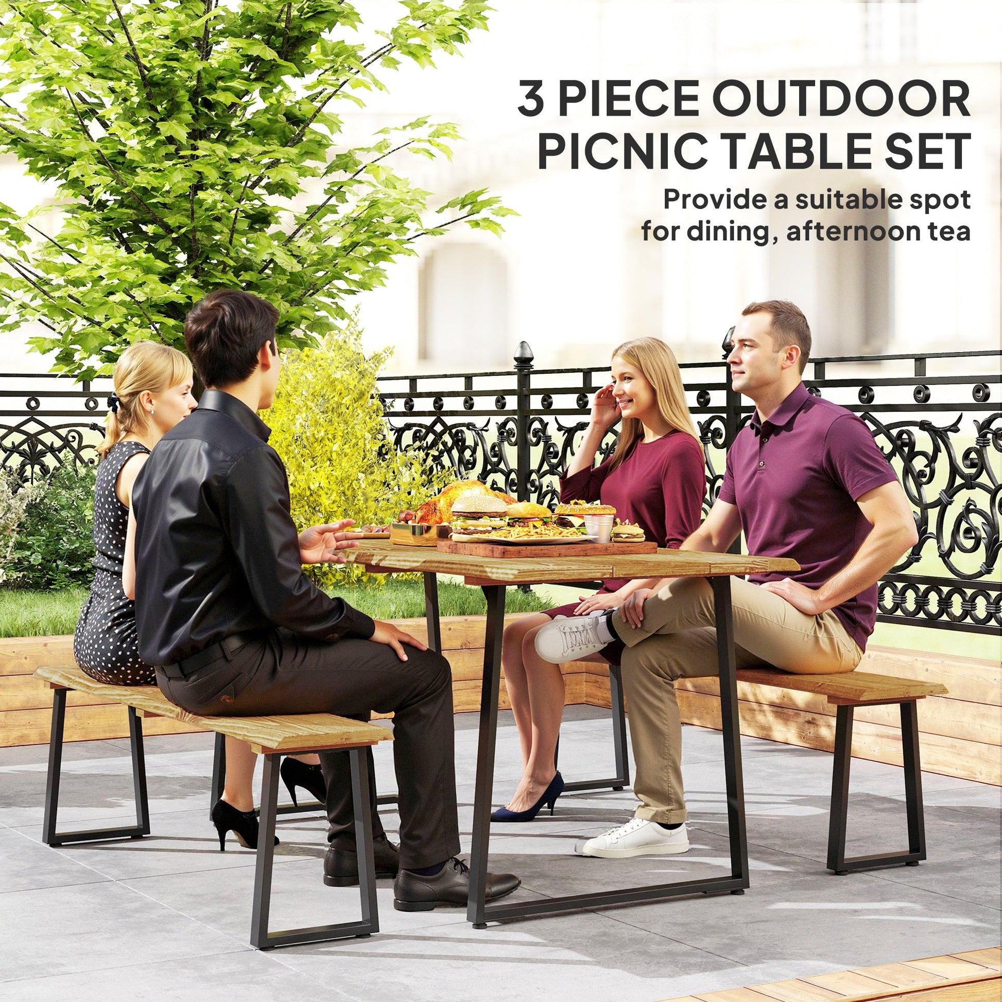 Picnic Table and Bench Set for 6 Persons, 70" Wood Outdoor Dining Table Bench Set with 2" Umbrella Hole, Slatted Top & Steel Frame, for Party, BBQ, Patio, Lawn, Brown