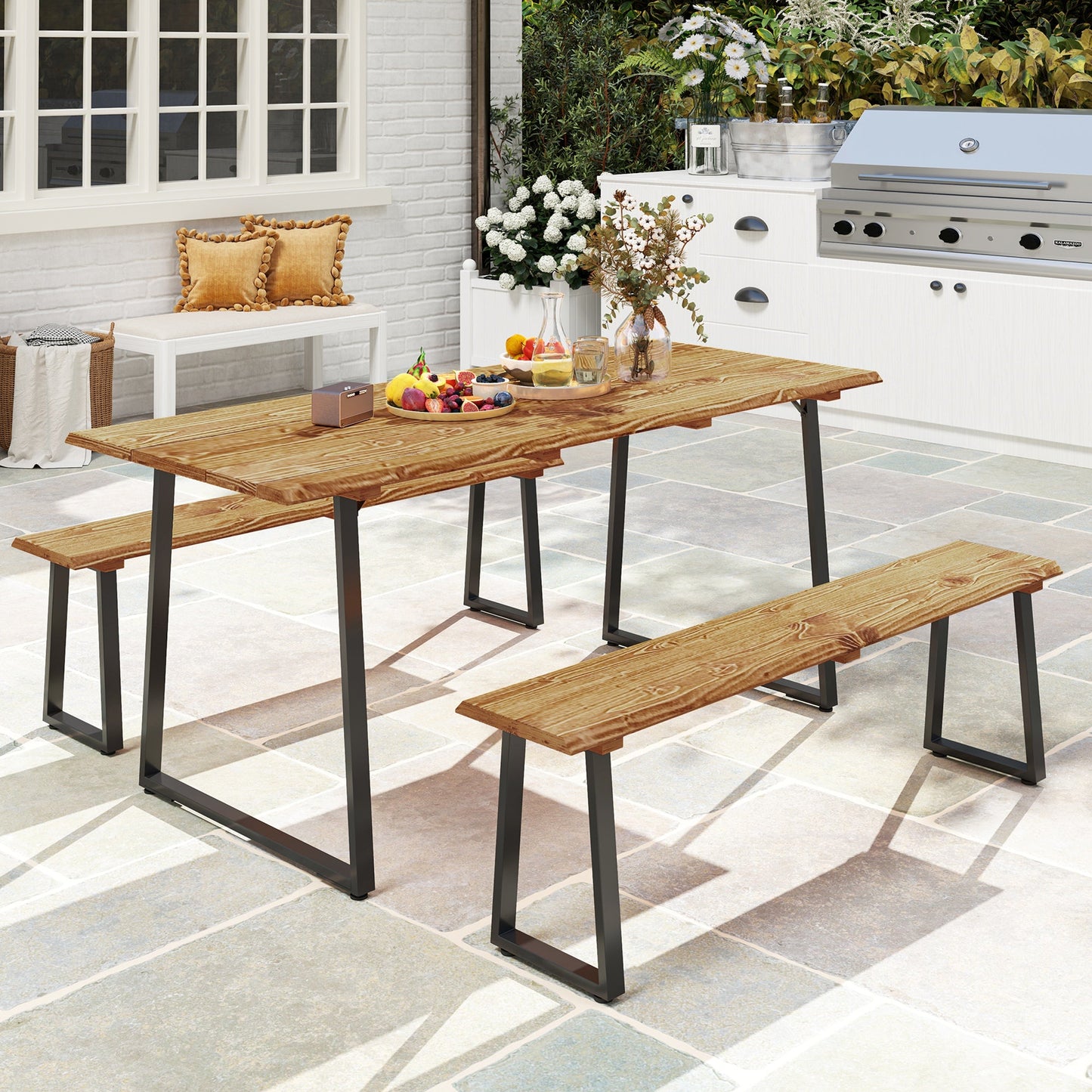 Picnic Table and Bench Set for 6 Persons, 70" Wood Outdoor Dining Table Bench Set with 2" Umbrella Hole, Slatted Top & Steel Frame, for Party, BBQ, Patio, Lawn, Brown