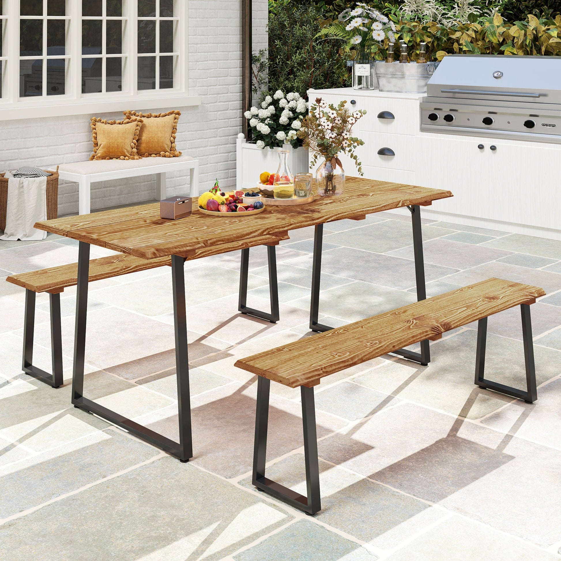 Picnic Table and Bench Set for 6 Persons, 70" Wood Outdoor Dining Table Bench Set with 2" Umbrella Hole, Slatted Top & Steel Frame, for Party, BBQ, Patio, Lawn, Brown