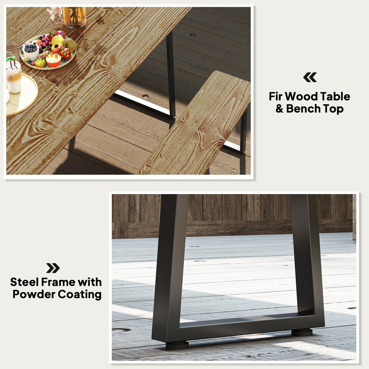 Picnic Table and Bench Set for 6 Persons, 70" Wood Outdoor Dining Table Bench Set with 2" Umbrella Hole, Slatted Top & Steel Frame, for Party, BBQ, Patio, Lawn, Brown