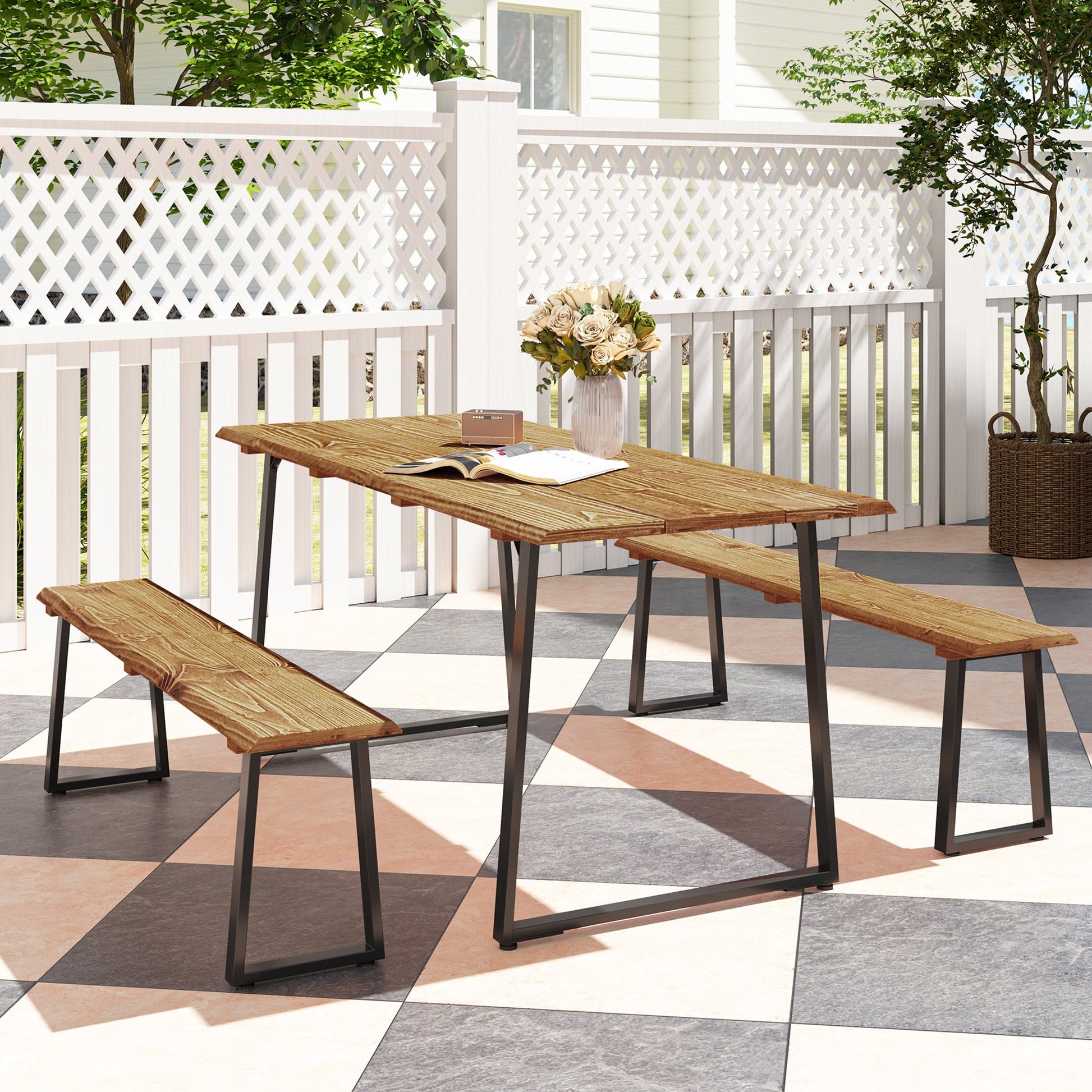 Picnic Table and Bench Set for 6 Persons, 70" Wood Outdoor Dining Table Bench Set with 2" Umbrella Hole, Slatted Top & Steel Frame, for Party, BBQ, Patio, Lawn, Brown