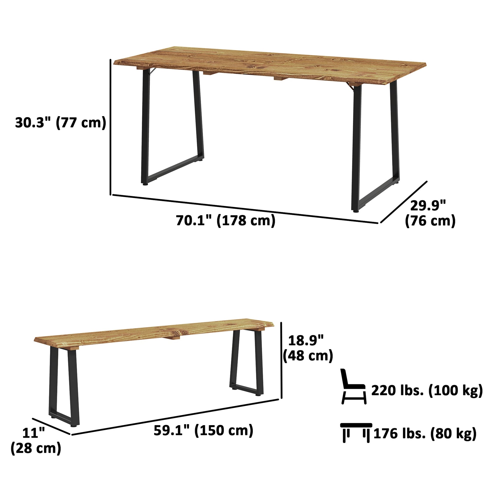 Picnic Table and Bench Set for 6 Persons, 70" Wood Outdoor Dining Table Bench Set with 2" Umbrella Hole, Slatted Top & Steel Frame, for Party, BBQ, Patio, Lawn, Brown