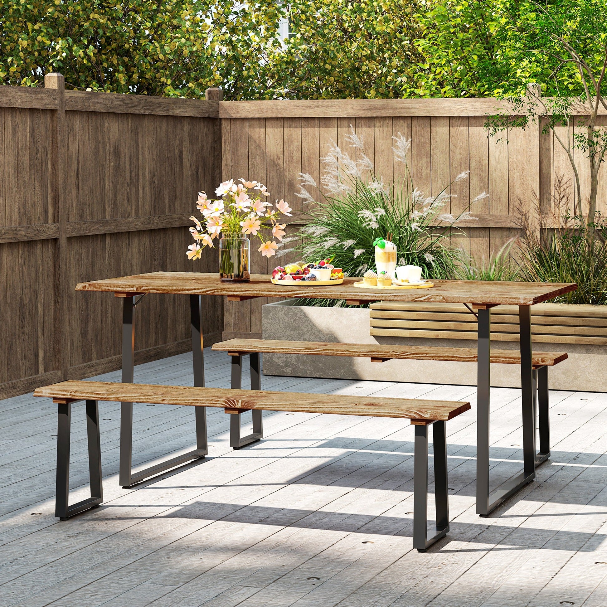 Picnic Table and Bench Set for 6 Persons, 70" Wood Outdoor Dining Table Bench Set with 2" Umbrella Hole, Slatted Top & Steel Frame, for Party, BBQ, Patio, Lawn, Brown