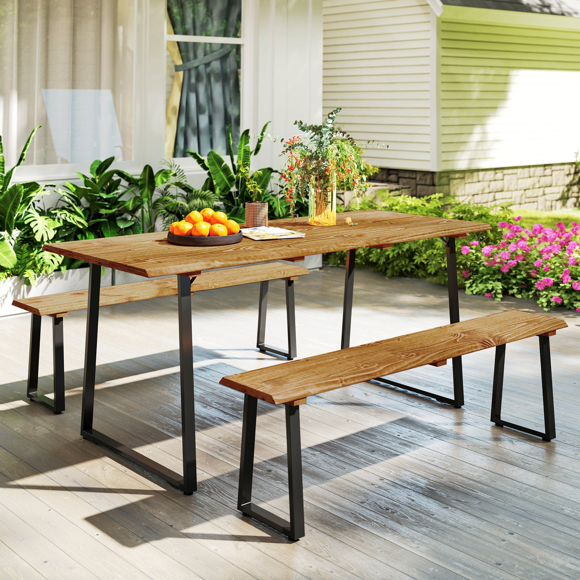 Picnic Table and Bench Set for 6 Persons, 70" Wood Outdoor Dining Table Bench Set with 2" Umbrella Hole, Slatted Top & Steel Frame, for Party, BBQ, Patio, Lawn, Brown