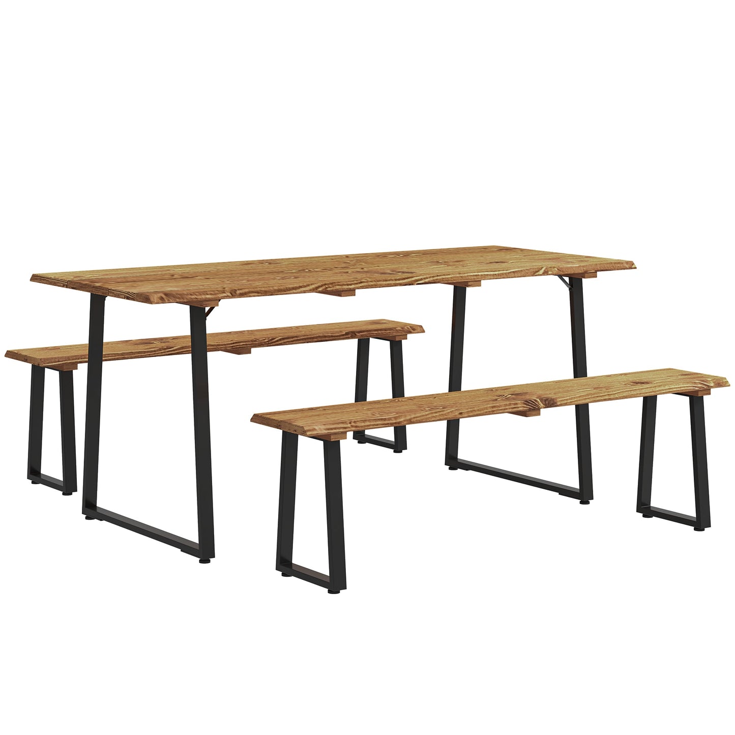 Picnic Table and Bench Set for 6 Persons, 70" Wood Outdoor Dining Table Bench Set with 2" Umbrella Hole, Slatted Top & Steel Frame, for Party, BBQ, Patio, Lawn, Brown