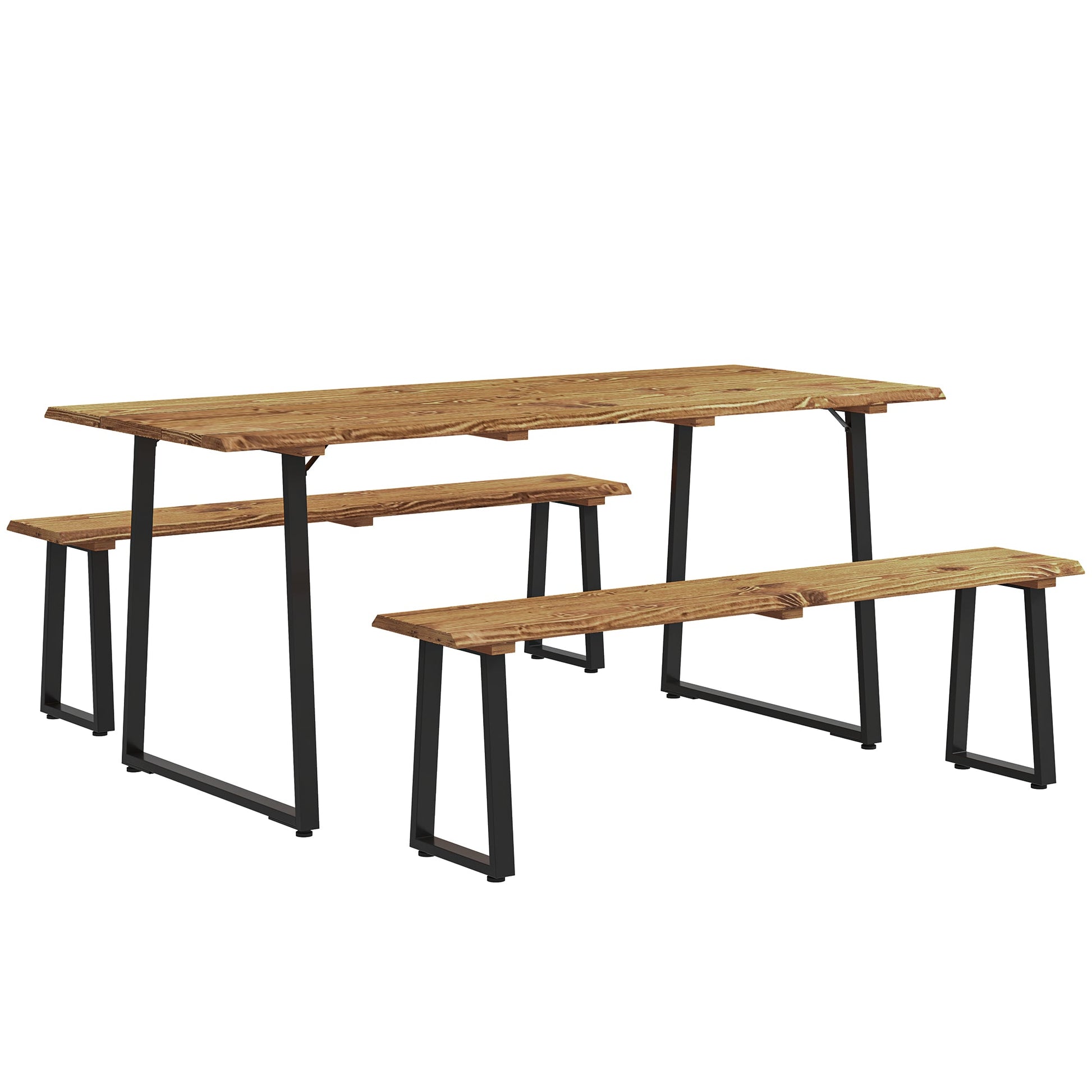 Picnic Table and Bench Set for 6 Persons, 70" Wood Outdoor Dining Table Bench Set with 2" Umbrella Hole, Slatted Top & Steel Frame, for Party, BBQ, Patio, Lawn, Brown