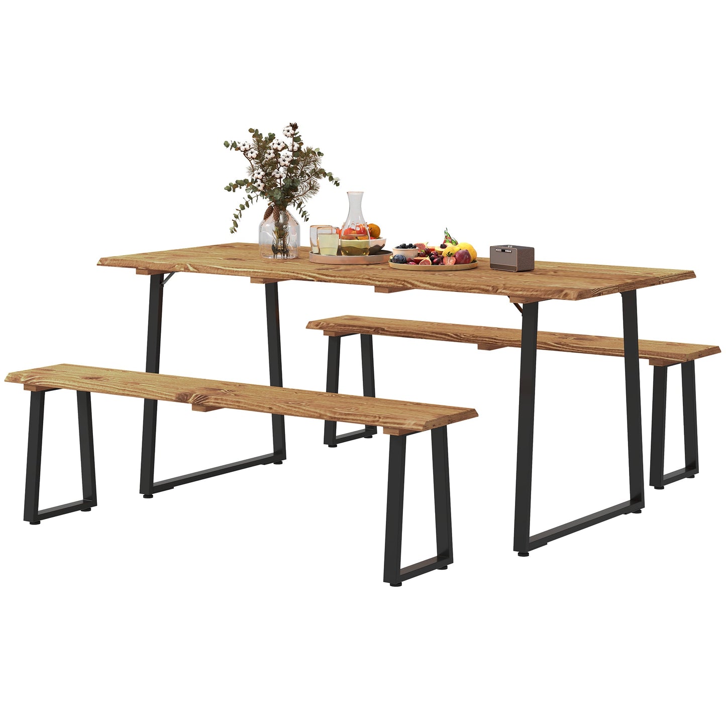 Picnic Table and Bench Set for 6 Persons, 70" Wood Outdoor Dining Table Bench Set with 2" Umbrella Hole, Slatted Top & Steel Frame, for Party, BBQ, Patio, Lawn, Brown