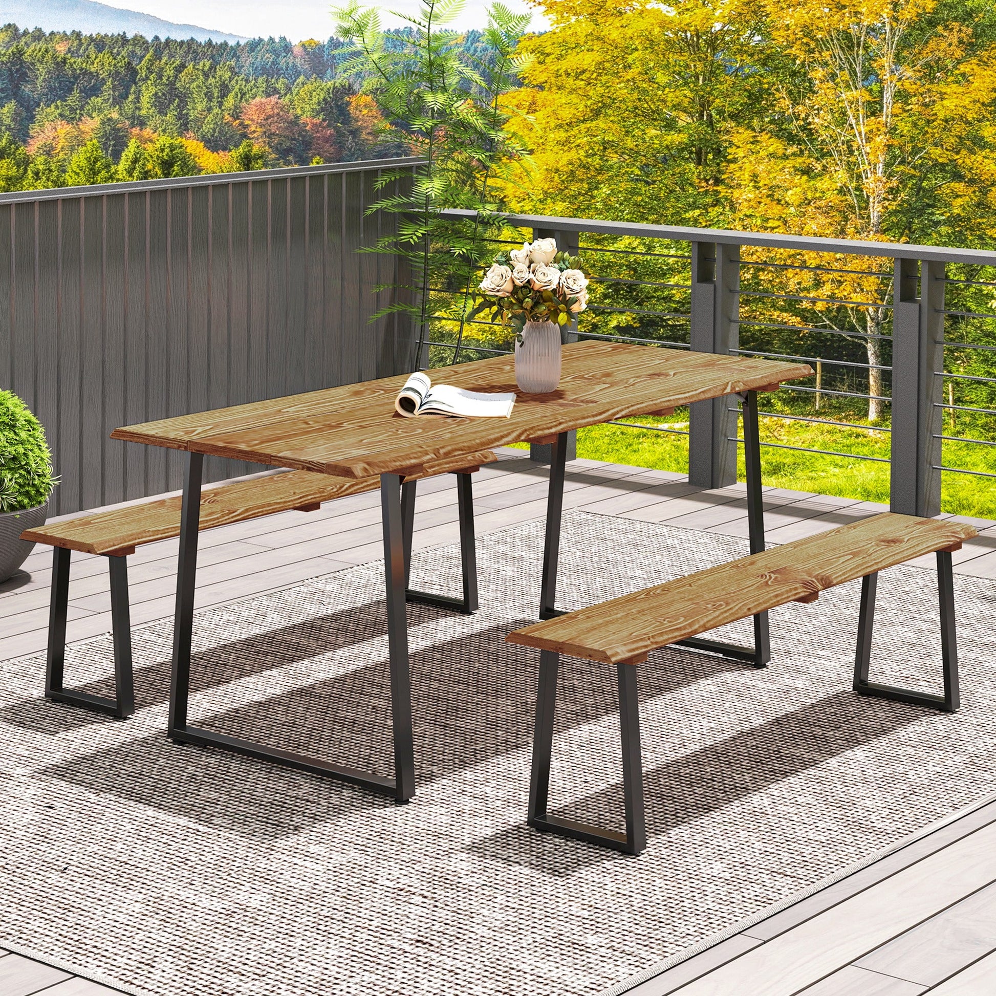 Picnic Table and Bench Set for 6 Persons, 70" Wood Outdoor Dining Table Bench Set with 2" Umbrella Hole, Slatted Top & Steel Frame, for Party, BBQ, Patio, Lawn, Brown