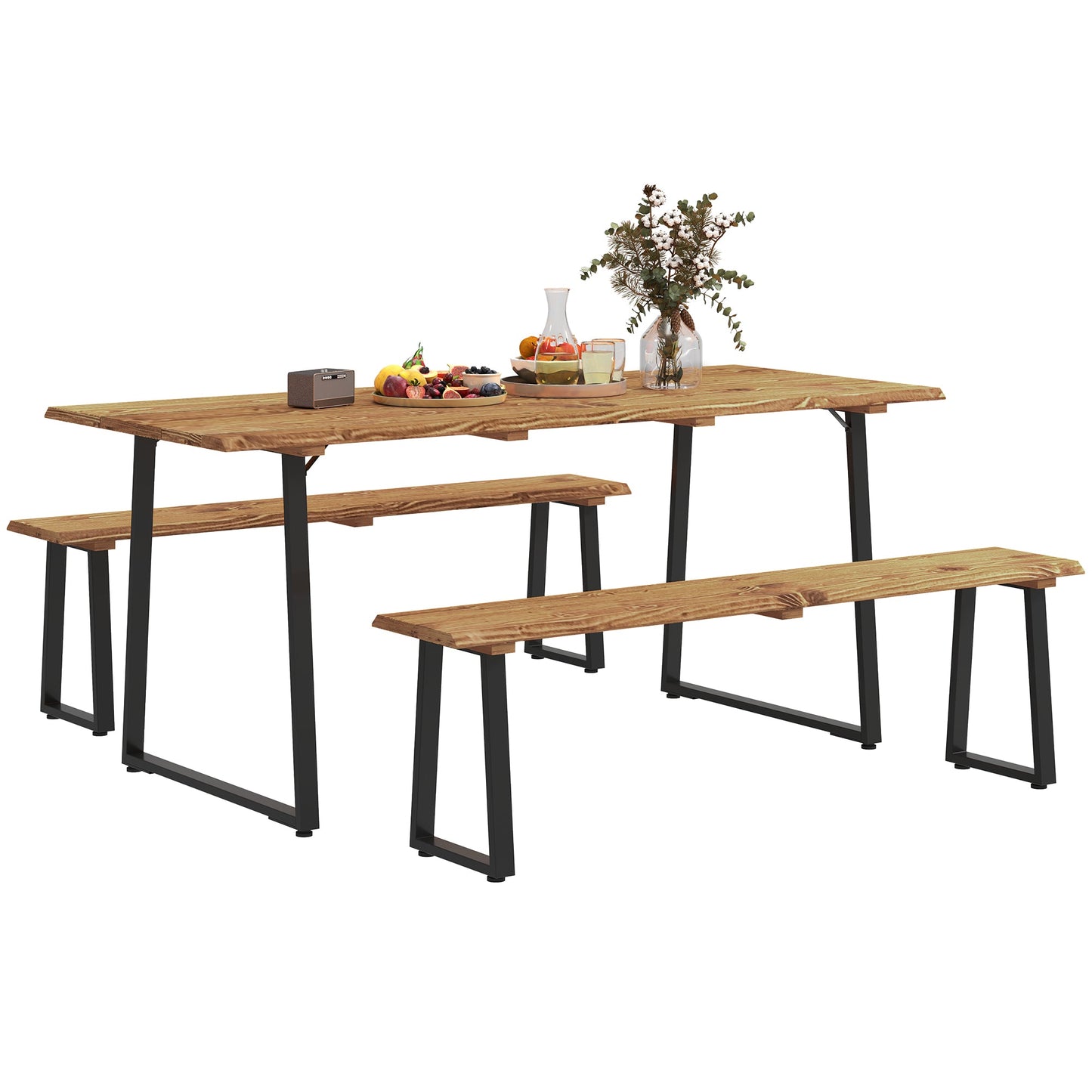 Picnic Table and Bench Set for 6 Persons, 70" Wood Outdoor Dining Table Bench Set with 2" Umbrella Hole, Slatted Top & Steel Frame, for Party, BBQ, Patio, Lawn, Brown
