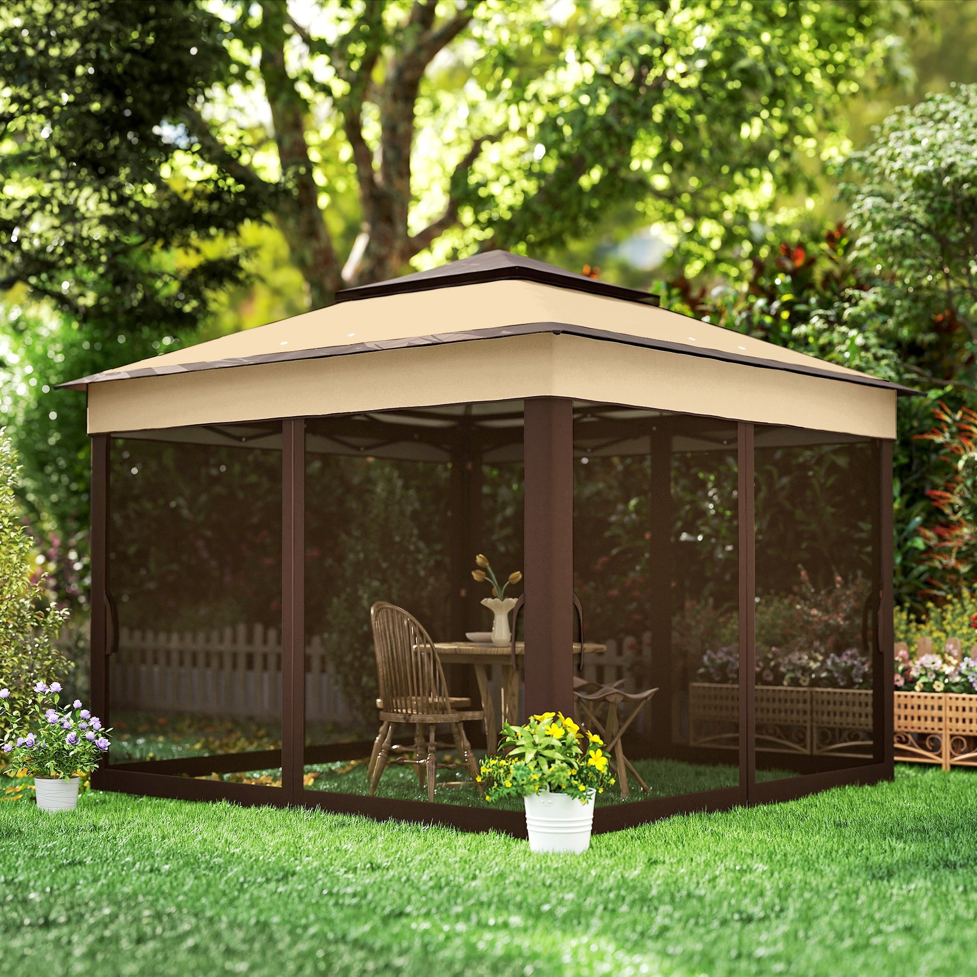 10.7 x 10.7ft Pop Up Camping Gazebo, Height Adjustable Instant Sun Shelter with UV30+ Roof Cover, Removable Mesh Curtains and Carrying Bag for Patio, Backyard, Beige