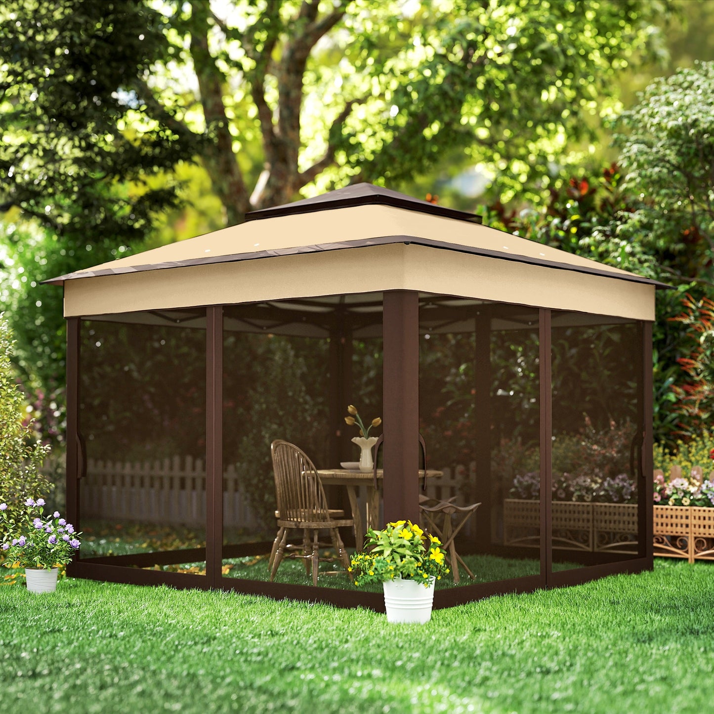 10.7 x 10.7ft Pop Up Camping Gazebo, Height Adjustable Instant Sun Shelter with UV30+ Roof Cover, Removable Mesh Curtains and Carrying Bag for Patio, Backyard, Beige