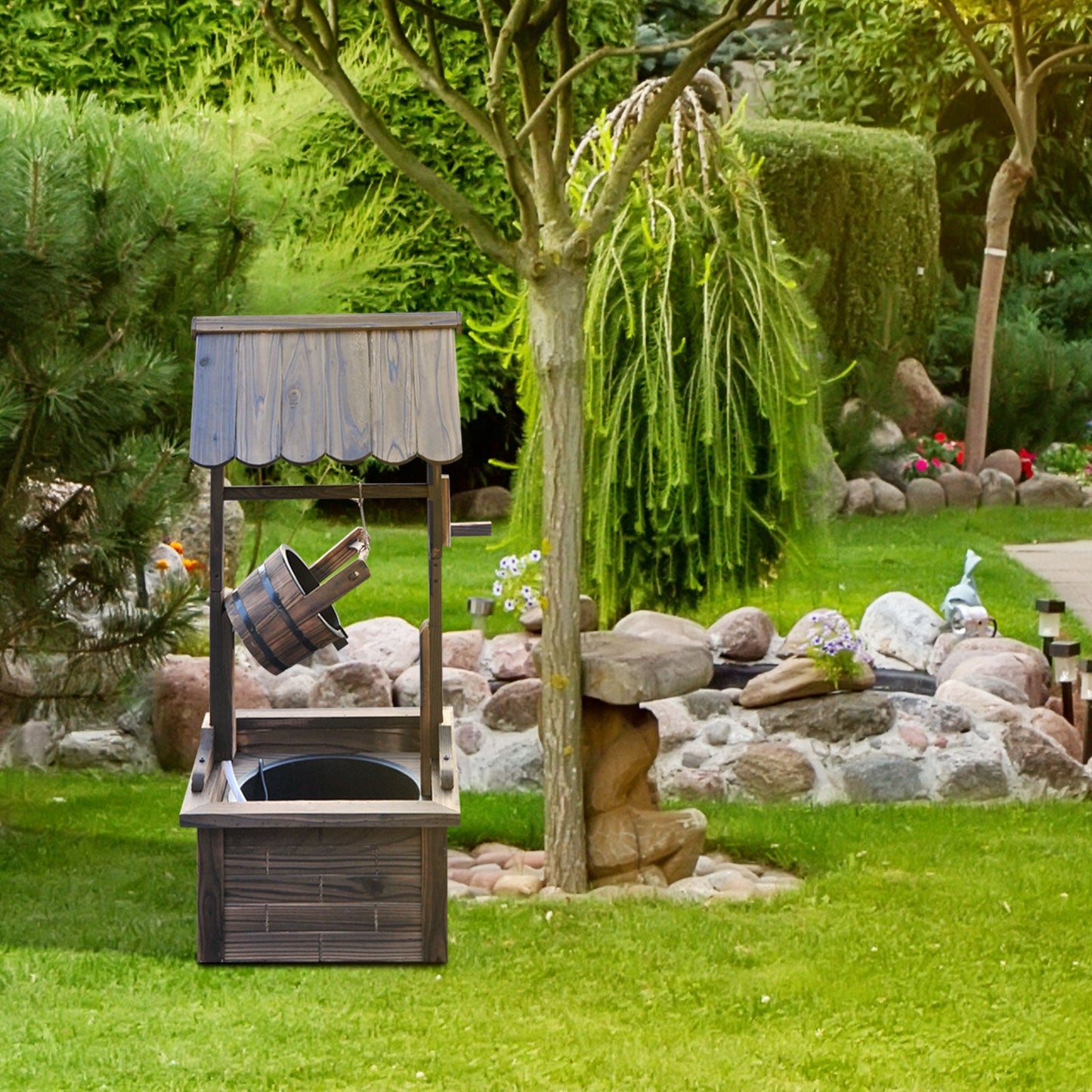Outdoor Wooden Wishing Well Fountain with Adjustable Water Flow Rate, Rustic Waterfall Fountain with Electric Pump, Water Bucket, for Backyard, Patio Garden, Carbonized