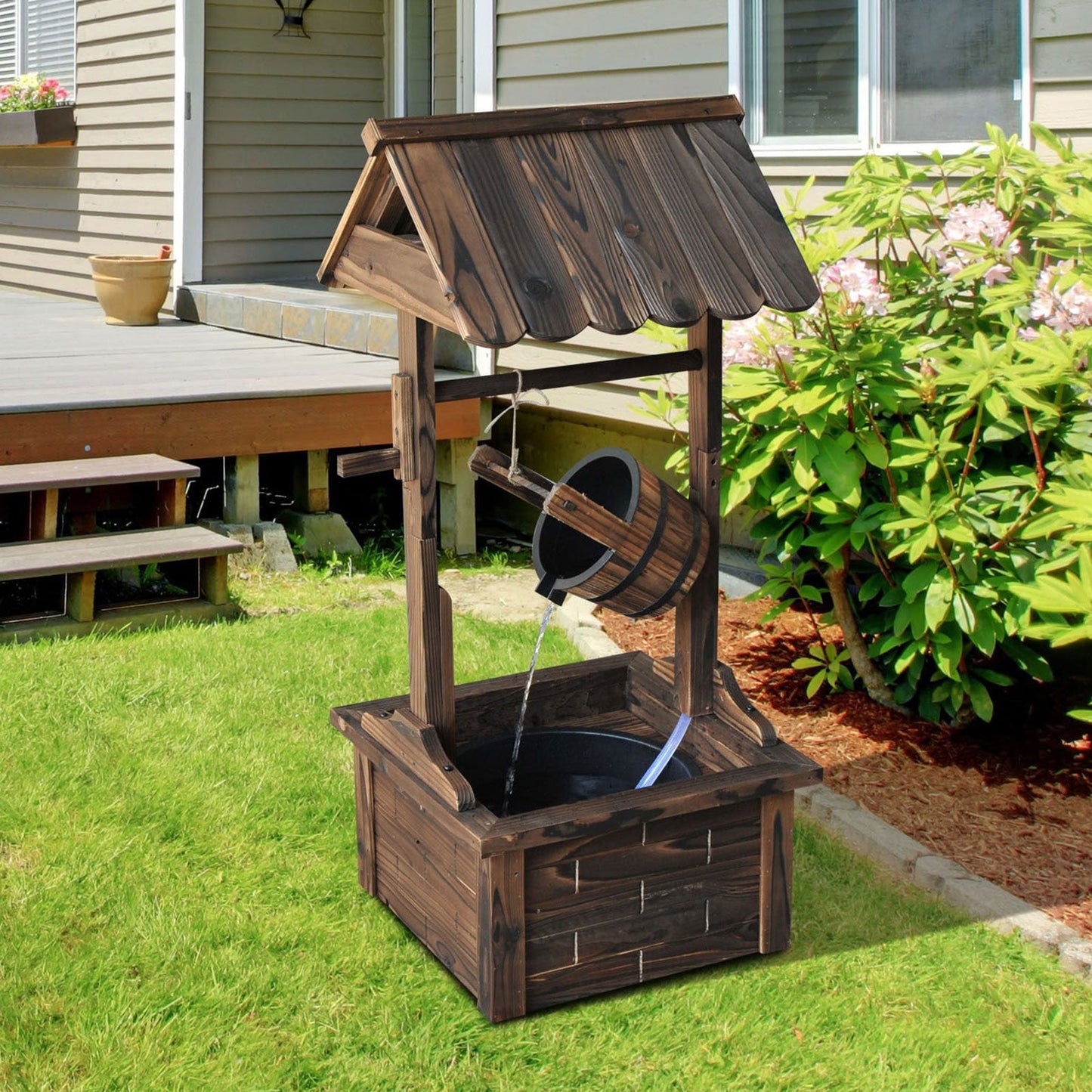 Outdoor Wooden Wishing Well Fountain with Adjustable Water Flow Rate, Rustic Waterfall Fountain with Electric Pump, Water Bucket, for Backyard, Patio Garden, Carbonized