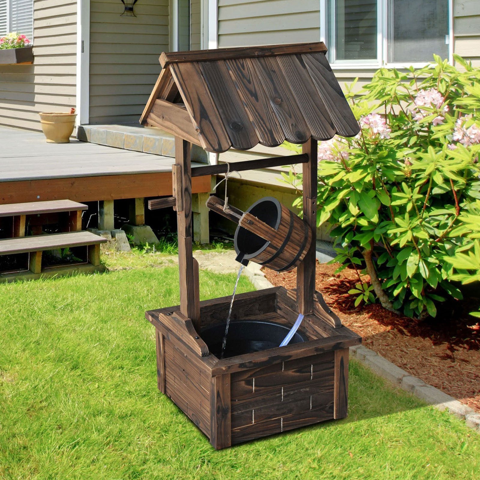 Outdoor Wooden Wishing Well Fountain with Adjustable Water Flow Rate, Rustic Waterfall Fountain with Electric Pump, Water Bucket, for Backyard, Patio Garden, Carbonized