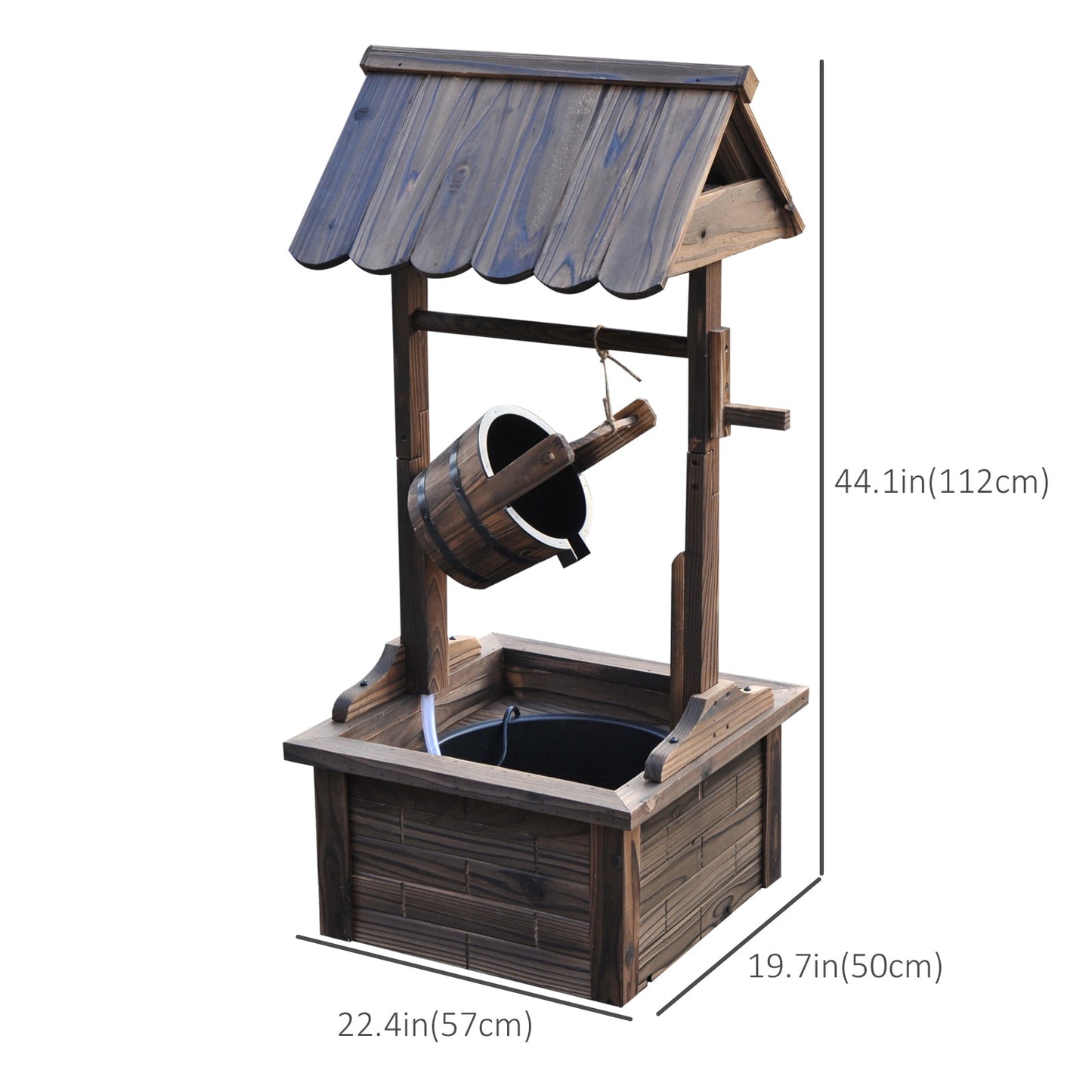 Outdoor Wooden Wishing Well Fountain with Adjustable Water Flow Rate, Rustic Waterfall Fountain with Electric Pump, Water Bucket, for Backyard, Patio Garden, Carbonized