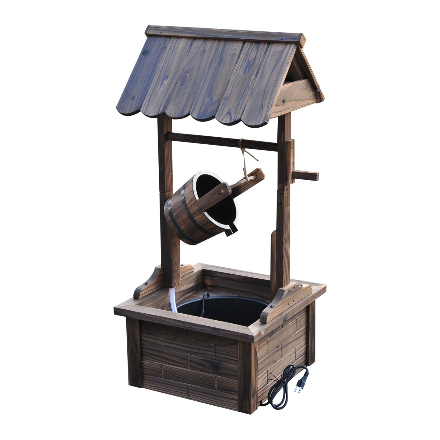 Outdoor Wooden Wishing Well Fountain with Adjustable Water Flow Rate, Rustic Waterfall Fountain with Electric Pump, Water Bucket, for Backyard, Patio Garden, Carbonized