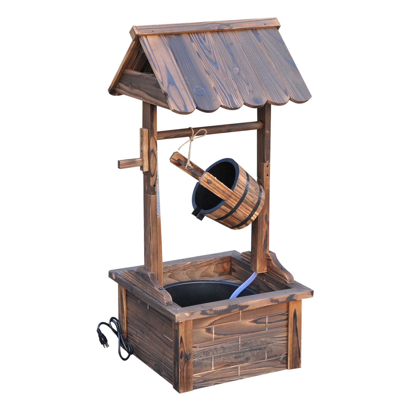 Outdoor Wooden Wishing Well Fountain with Adjustable Water Flow Rate, Rustic Waterfall Fountain with Electric Pump, Water Bucket, for Backyard, Patio Garden, Carbonized