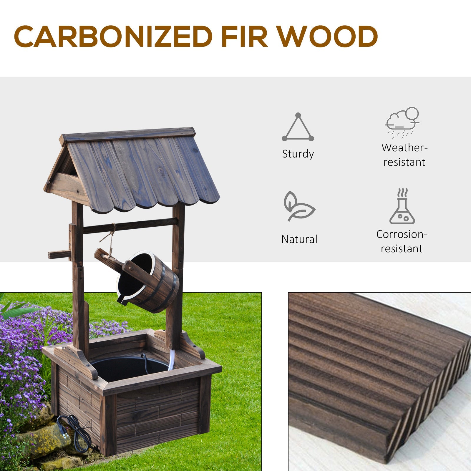 Outdoor Wooden Wishing Well Fountain with Adjustable Water Flow Rate, Rustic Waterfall Fountain with Electric Pump, Water Bucket, for Backyard, Patio Garden, Carbonized
