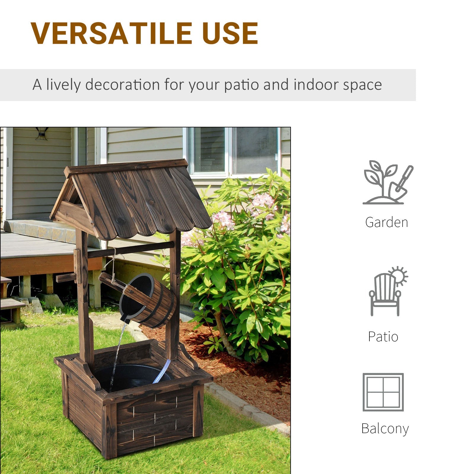 Outdoor Wooden Wishing Well Fountain with Adjustable Water Flow Rate, Rustic Waterfall Fountain with Electric Pump, Water Bucket, for Backyard, Patio Garden, Carbonized