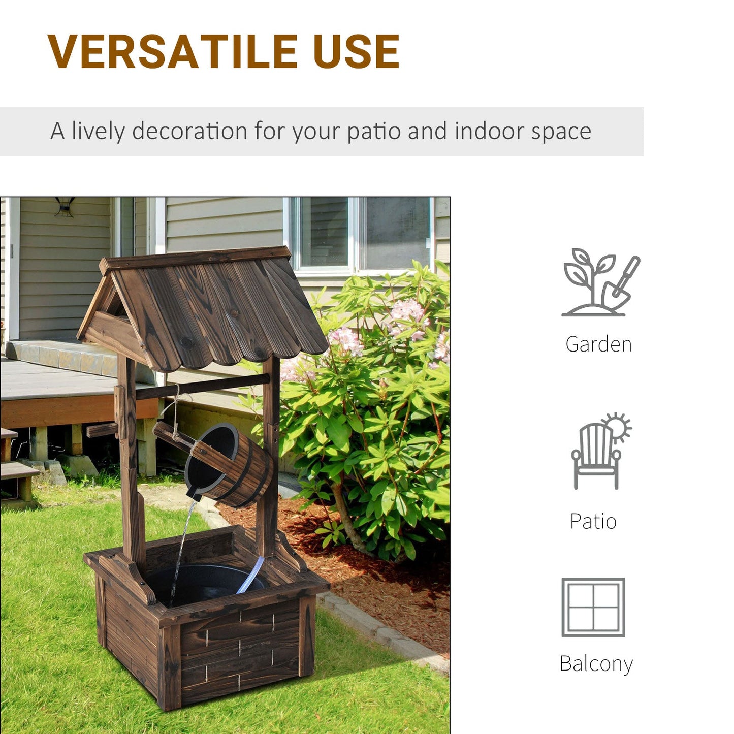 Outdoor Wooden Wishing Well Fountain with Adjustable Water Flow Rate, Rustic Waterfall Fountain with Electric Pump, Water Bucket, for Backyard, Patio Garden, Carbonized