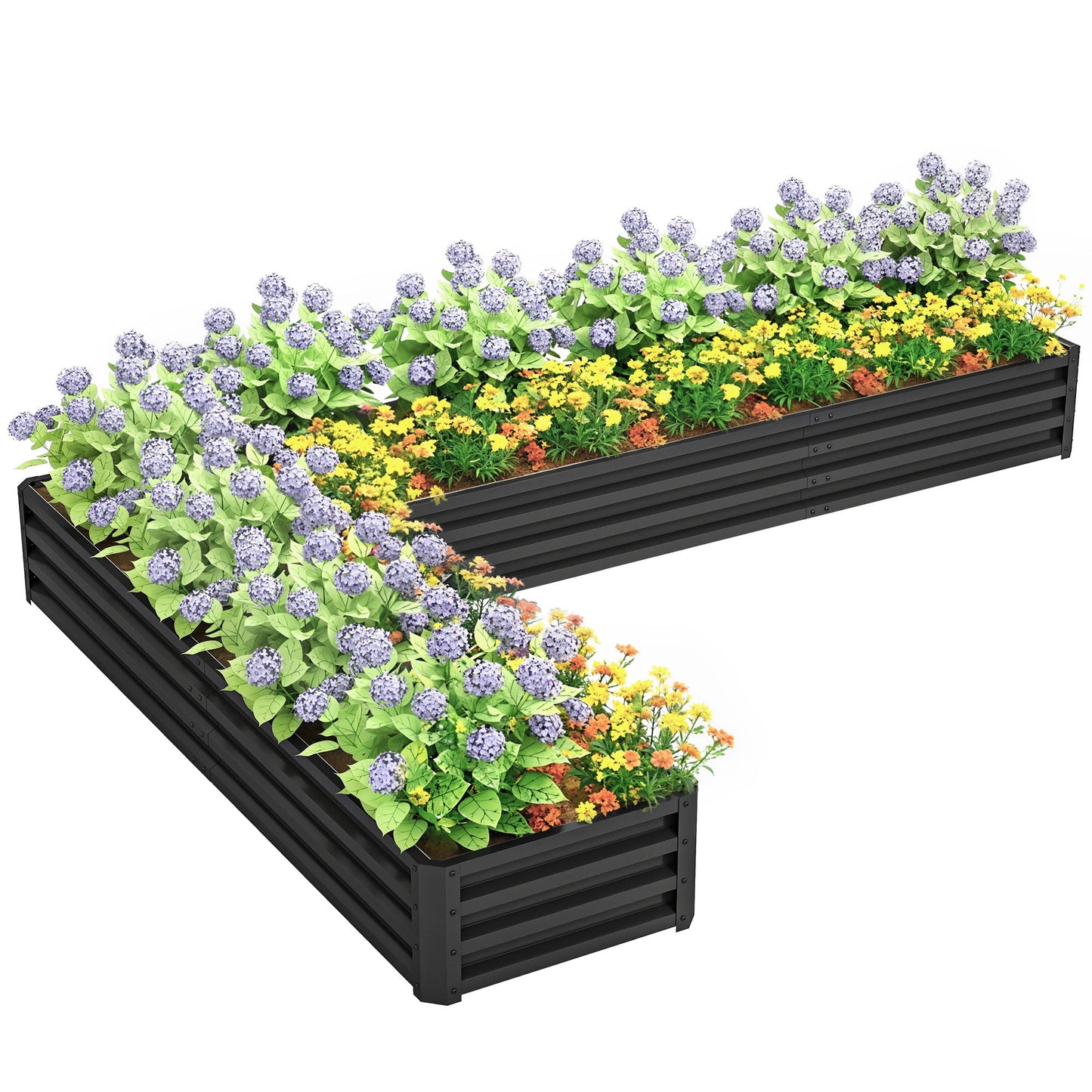L-Shaped Raised Garden Bed, 82" x 109" x 12" Galvanized Steel Planter Box with Multi-reinforced Rods for Vegetables, Flowers and Herbs, Black