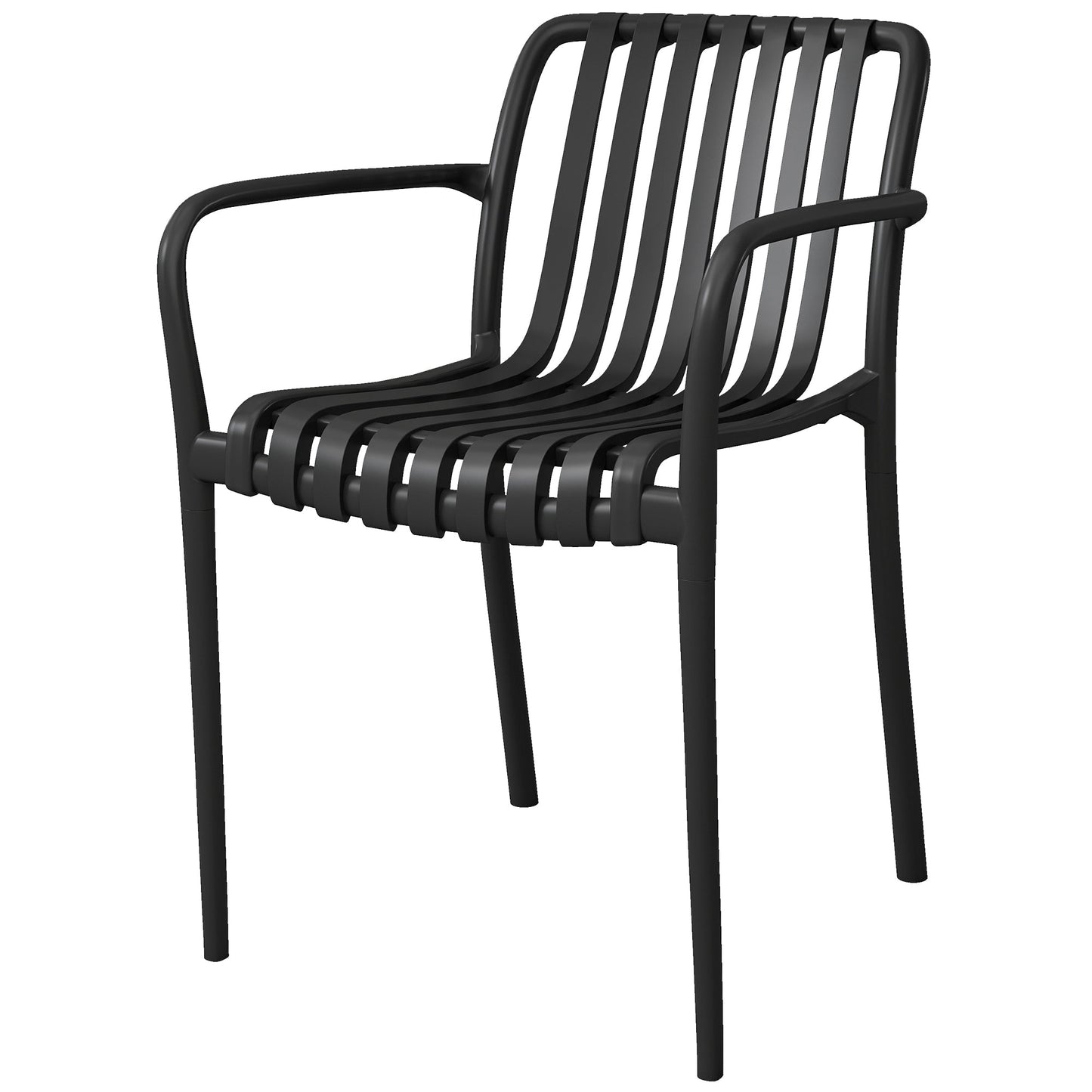 Stackable Patio Chairs Set of 4, Outdoor Patio Dining Chairs with Curved Backrest, Slatted Seat and Armrest for Indoor, Outdoor, Balcony, Deck, Garden,  Plastic, Black