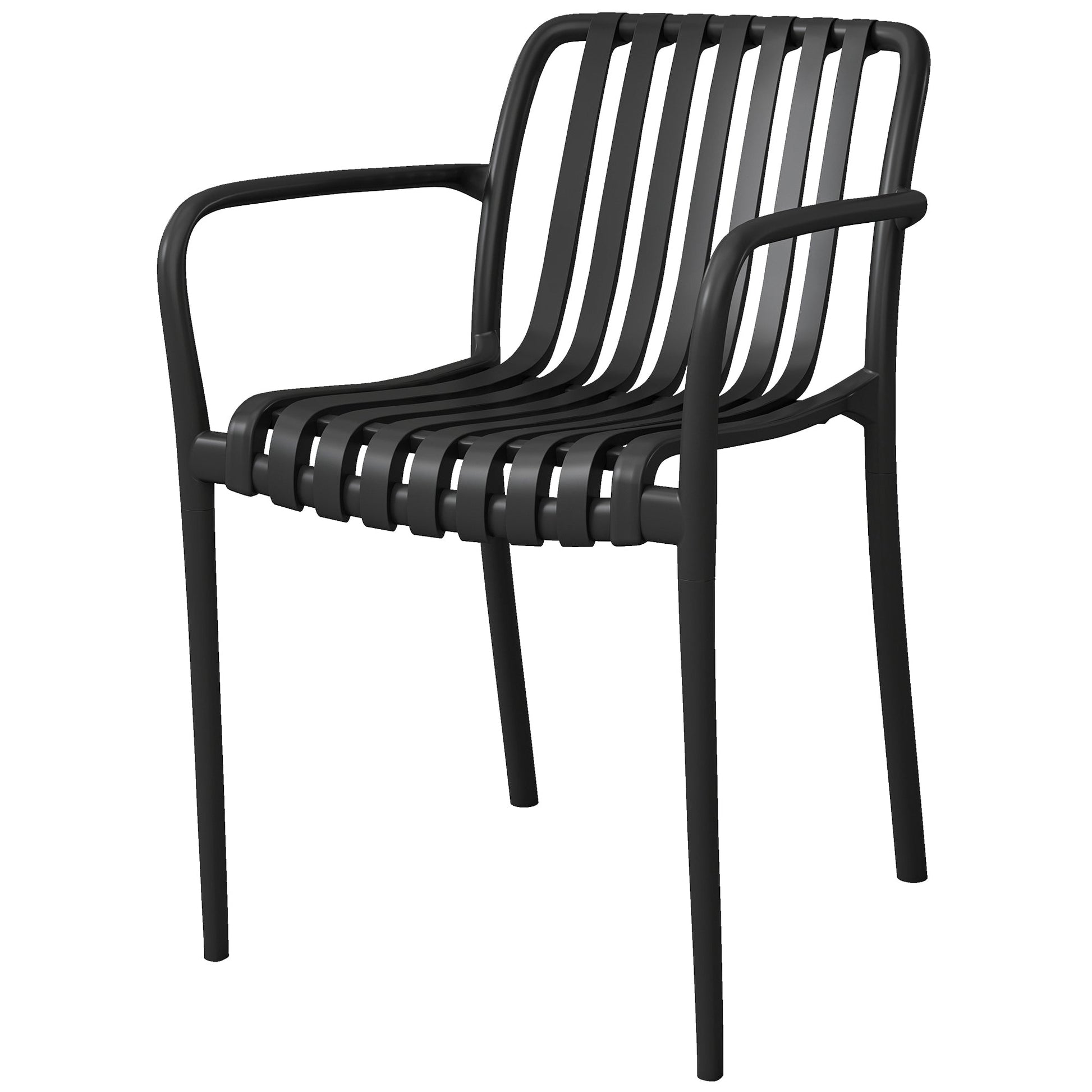 Stackable Patio Chairs Set of 4, Outdoor Patio Dining Chairs with Curved Backrest, Slatted Seat and Armrest for Indoor, Outdoor, Balcony, Deck, Garden,  Plastic, Black