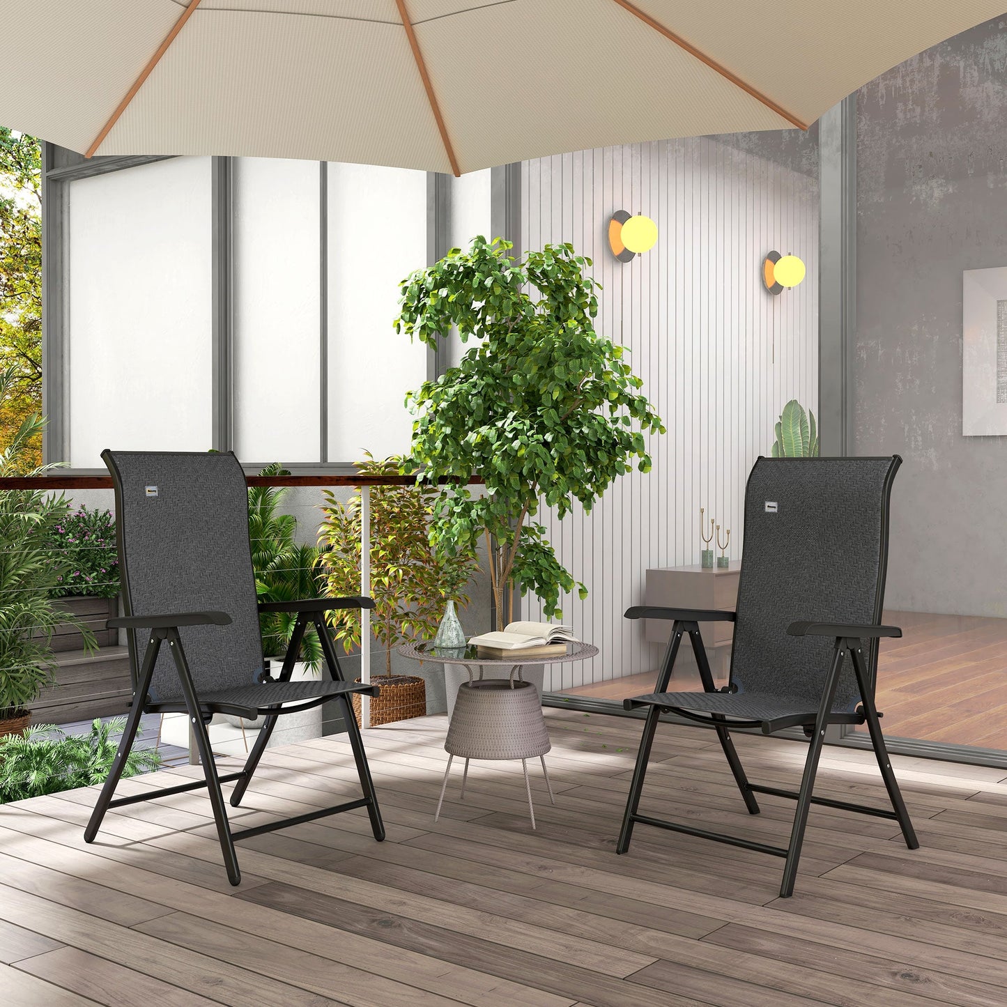 Set of 2 Outdoor Wicker Folding Chairs, Patio PE Rattan Dining Armrests Chair set with 7 Levels Adjustable Backrest, for Outdoors, Camping, Grey