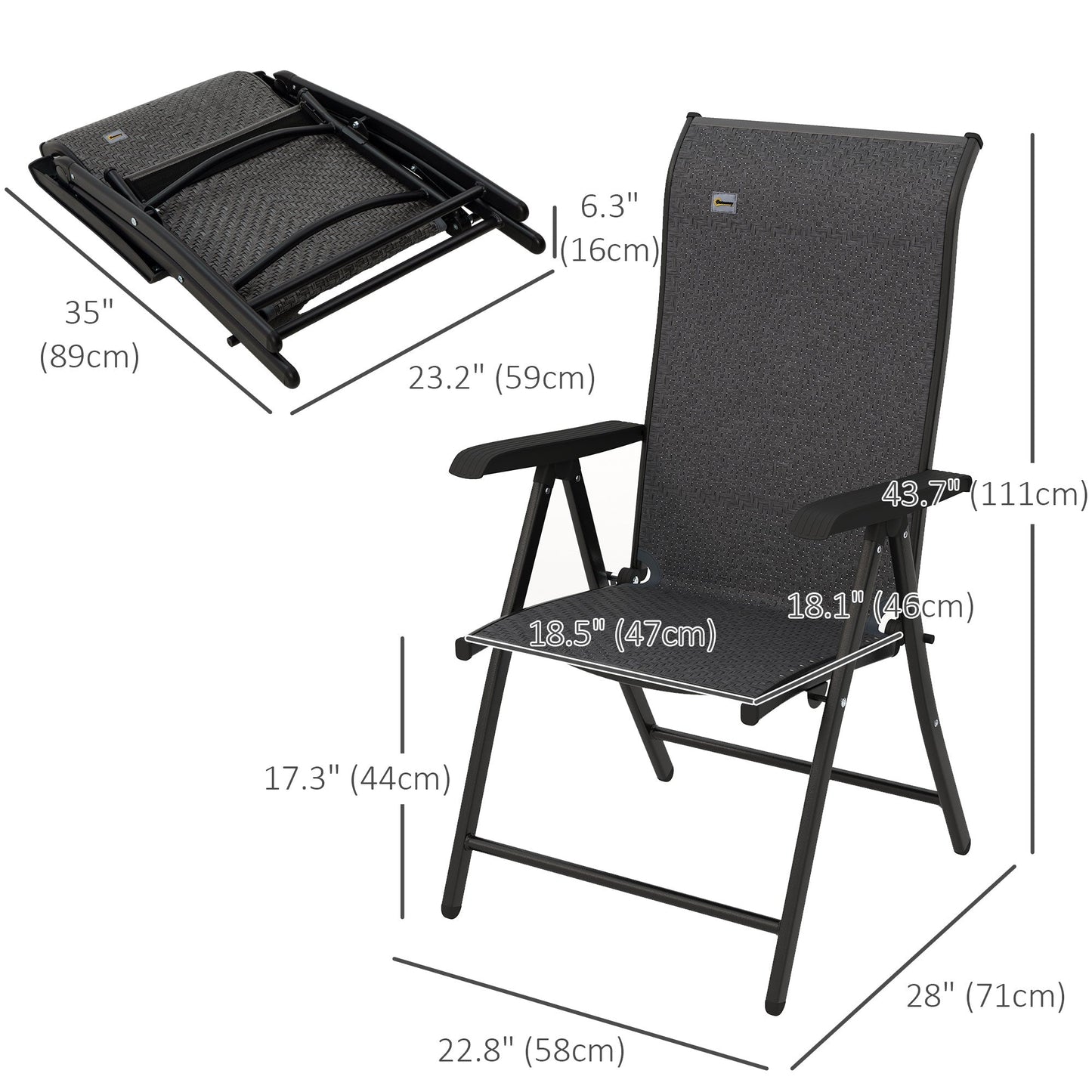 Set of 2 Outdoor Wicker Folding Chairs, Patio PE Rattan Dining Armrests Chair set with 7 Levels Adjustable Backrest, for Outdoors, Camping, Grey