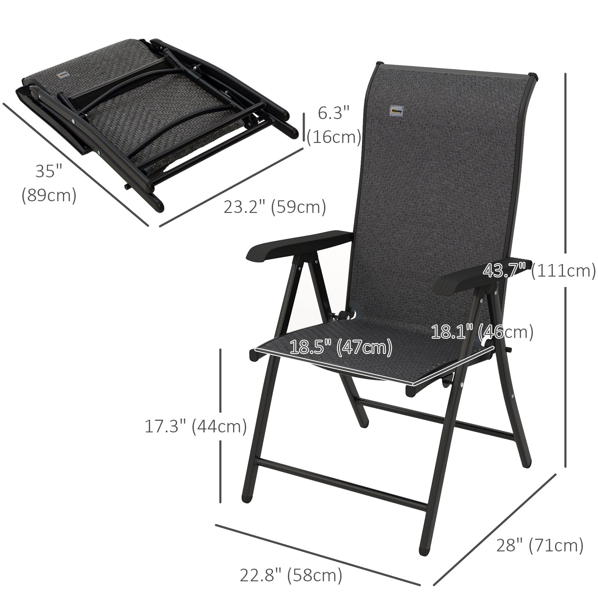 Set of 2 Outdoor Wicker Folding Chairs, Patio PE Rattan Dining Armrests Chair set with 7 Levels Adjustable Backrest, for Outdoors, Camping, Grey