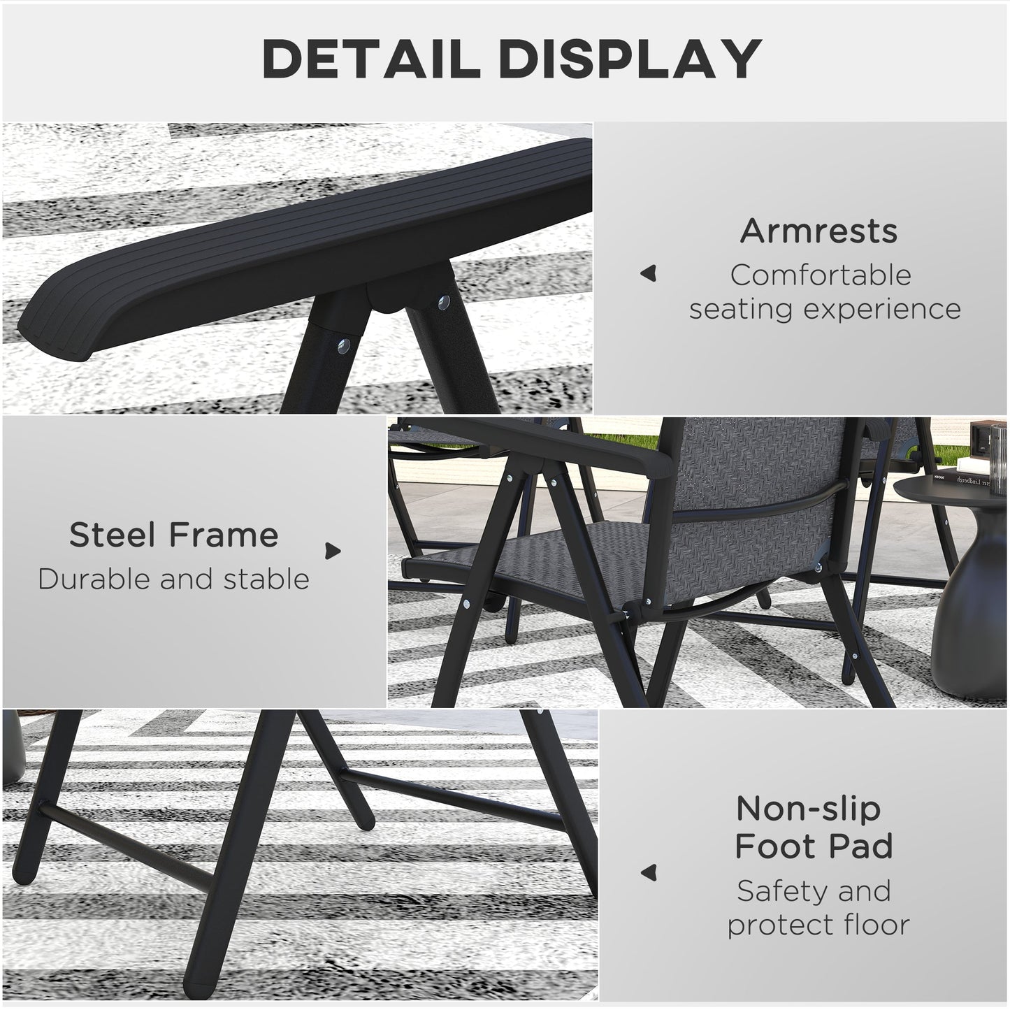 Set of 2 Outdoor Wicker Folding Chairs, Patio PE Rattan Dining Armrests Chair set with 7 Levels Adjustable Backrest, for Outdoors, Camping, Grey