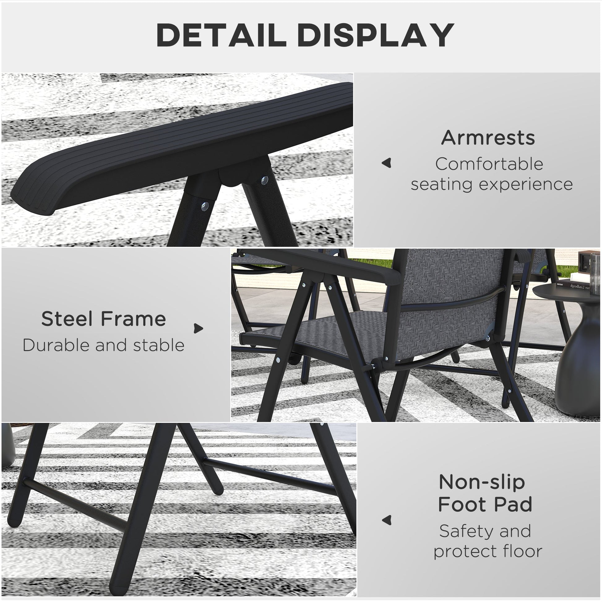 Set of 2 Outdoor Wicker Folding Chairs, Patio PE Rattan Dining Armrests Chair set with 7 Levels Adjustable Backrest, for Outdoors, Camping, Grey