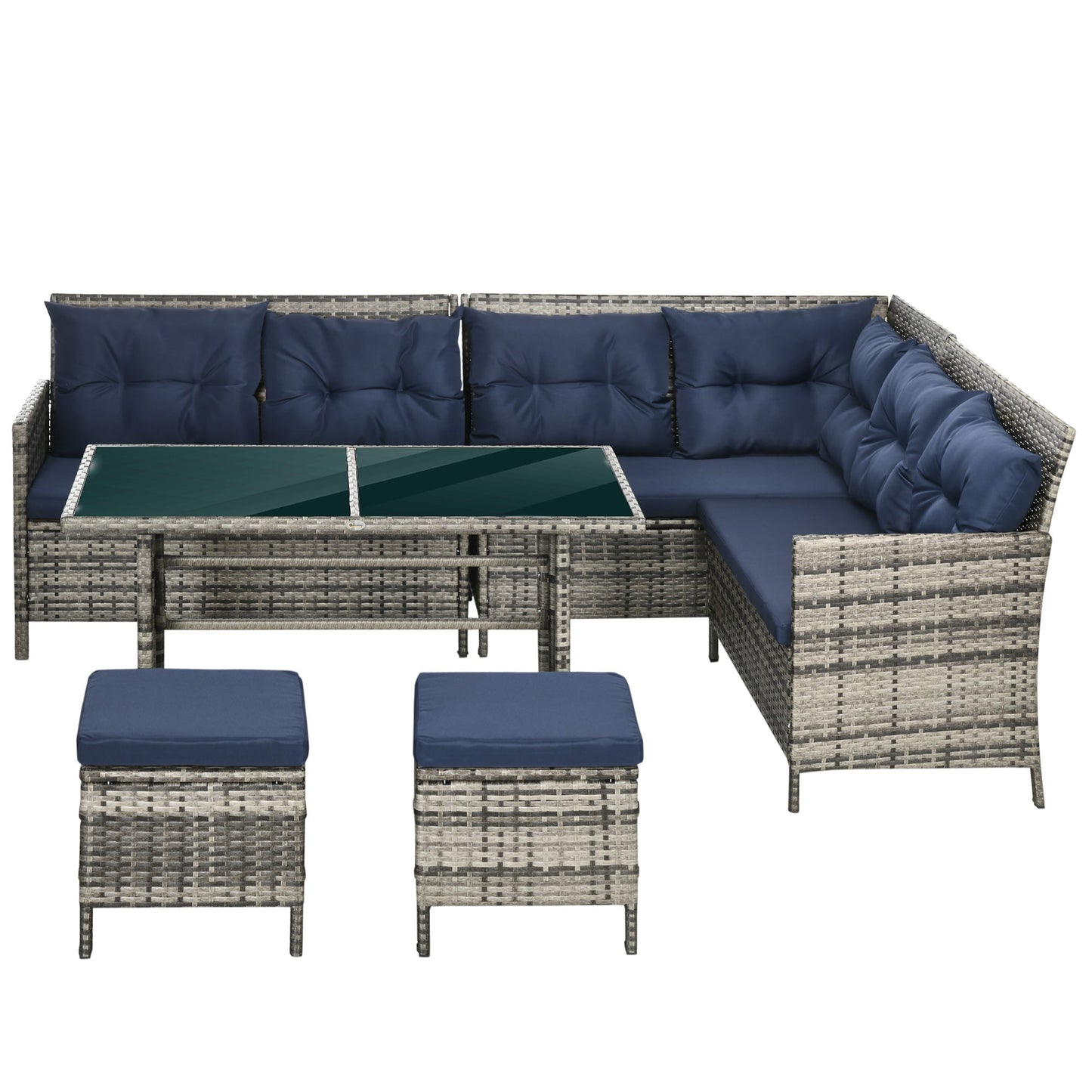 6 Pieces Patio Dining Set Wicker Outdoor Furniture Set Garden Rattan Sofa Set Outdoor Sectional Couch with Cushions, Dining Table and Ottomans, Sky Blue