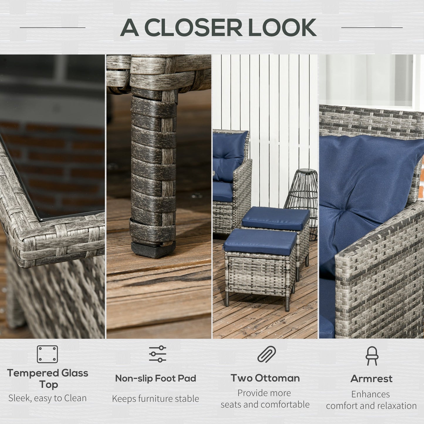 6 Pieces Patio Dining Set Wicker Outdoor Furniture Set Garden Rattan Sofa Set Outdoor Sectional Couch with Cushions, Dining Table and Ottomans, Sky Blue