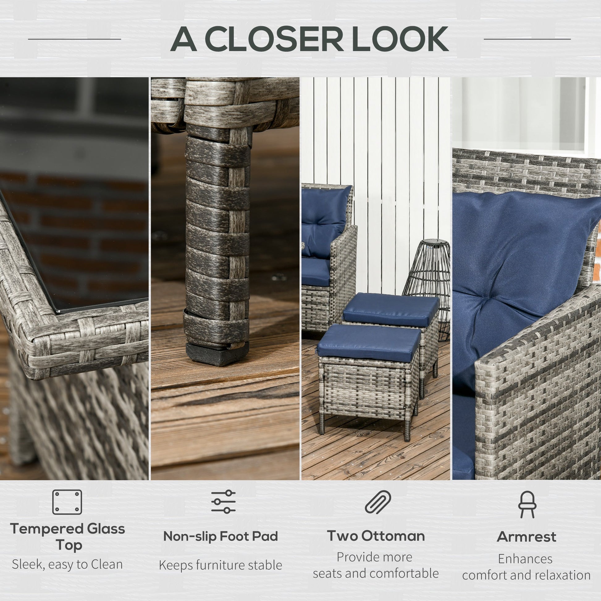 6 Pieces Patio Dining Set Wicker Outdoor Furniture Set Garden Rattan Sofa Set Outdoor Sectional Couch with Cushions, Dining Table and Ottomans, Sky Blue