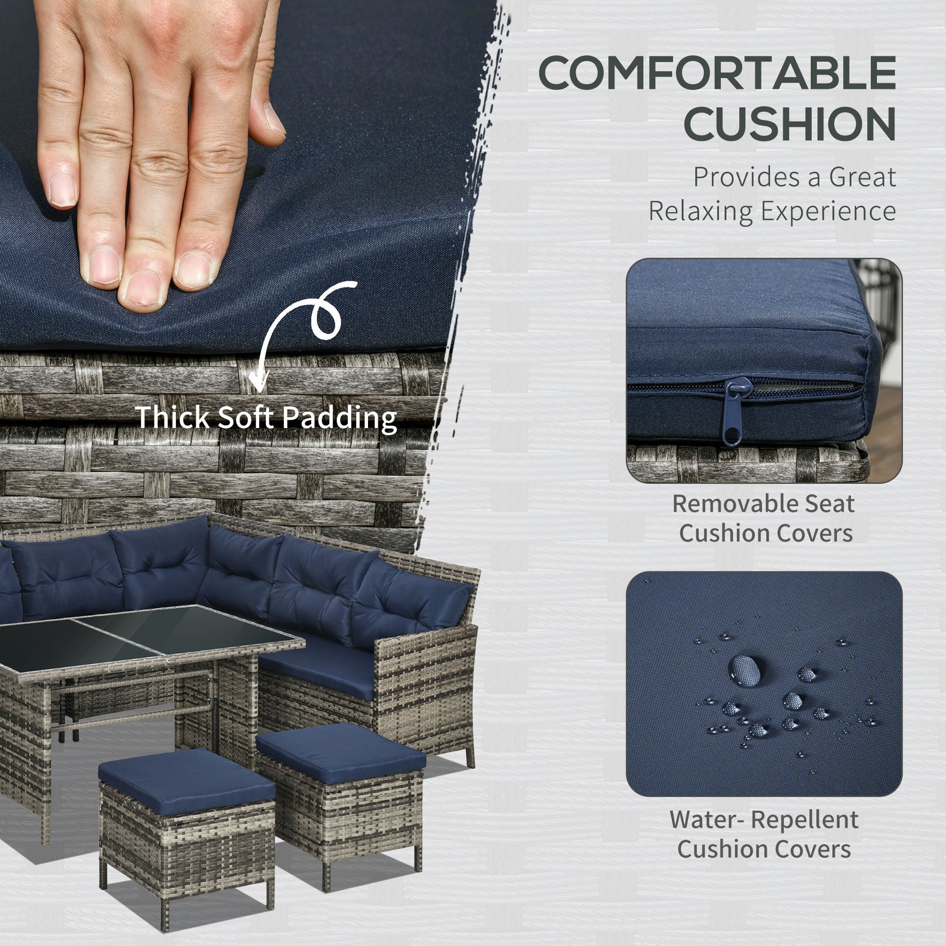 6 Pieces Patio Dining Set Wicker Outdoor Furniture Set Garden Rattan Sofa Set Outdoor Sectional Couch with Cushions, Dining Table and Ottomans, Sky Blue