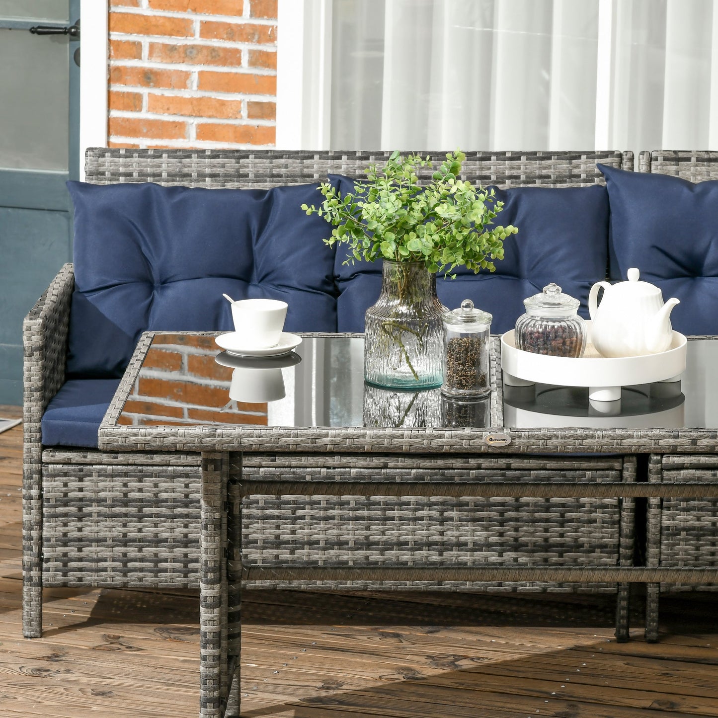 6 Pieces Patio Dining Set Wicker Outdoor Furniture Set Garden Rattan Sofa Set Outdoor Sectional Couch with Cushions, Dining Table and Ottomans, Sky Blue