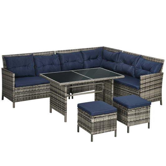 6 Pieces Patio Dining Set Wicker Outdoor Furniture Set Garden Rattan Sofa Set Outdoor Sectional Couch with Cushions, Dining Table and Ottomans, Sky Blue