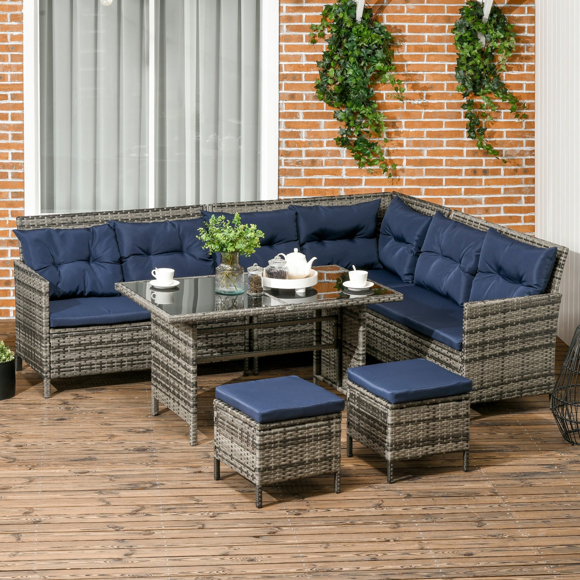 6 Pieces Patio Dining Set Wicker Outdoor Furniture Set Garden Rattan Sofa Set Outdoor Sectional Couch with Cushions, Dining Table and Ottomans, Sky Blue