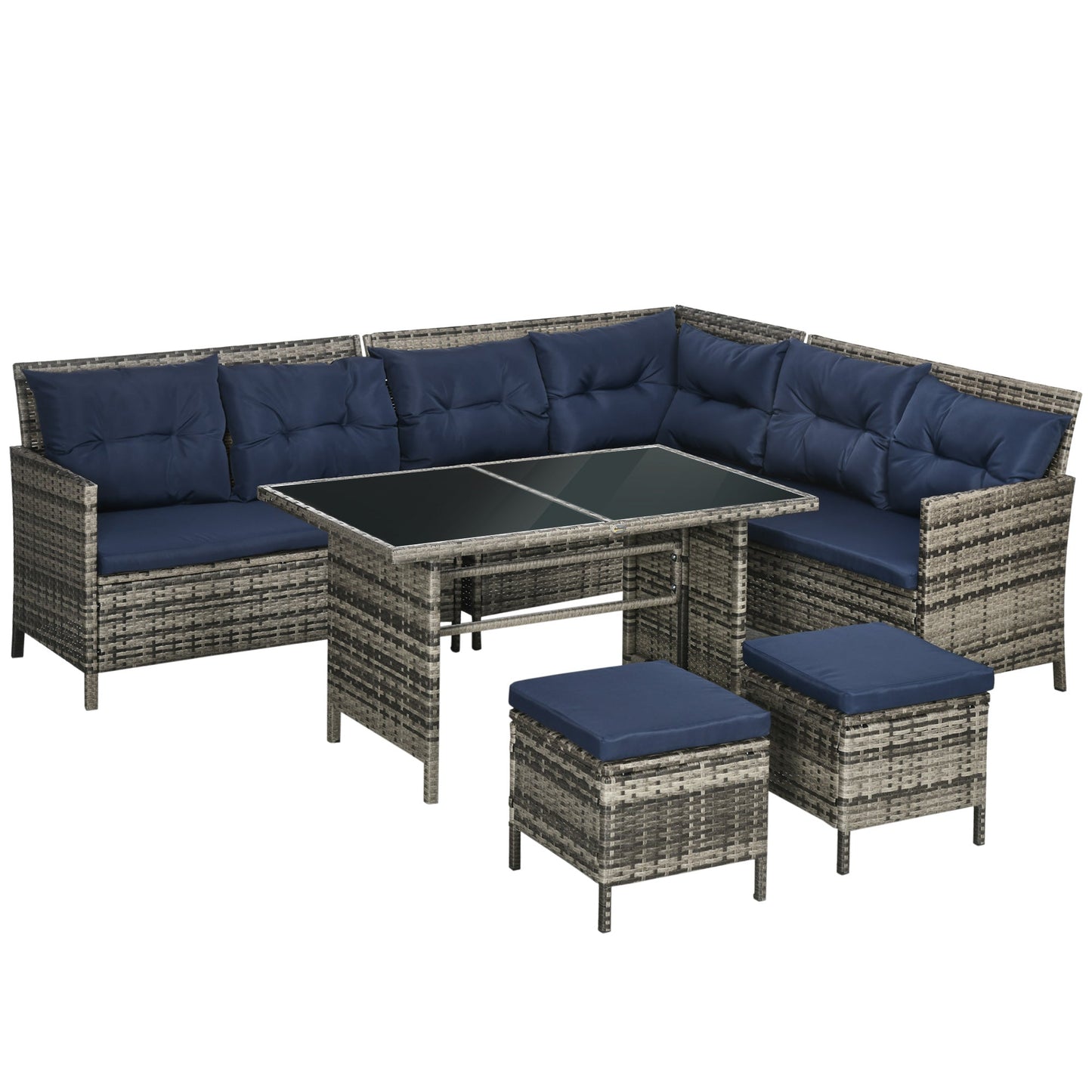6 Pieces Patio Dining Set Wicker Outdoor Furniture Set Garden Rattan Sofa Set Outdoor Sectional Couch with Cushions, Dining Table and Ottomans, Sky Blue