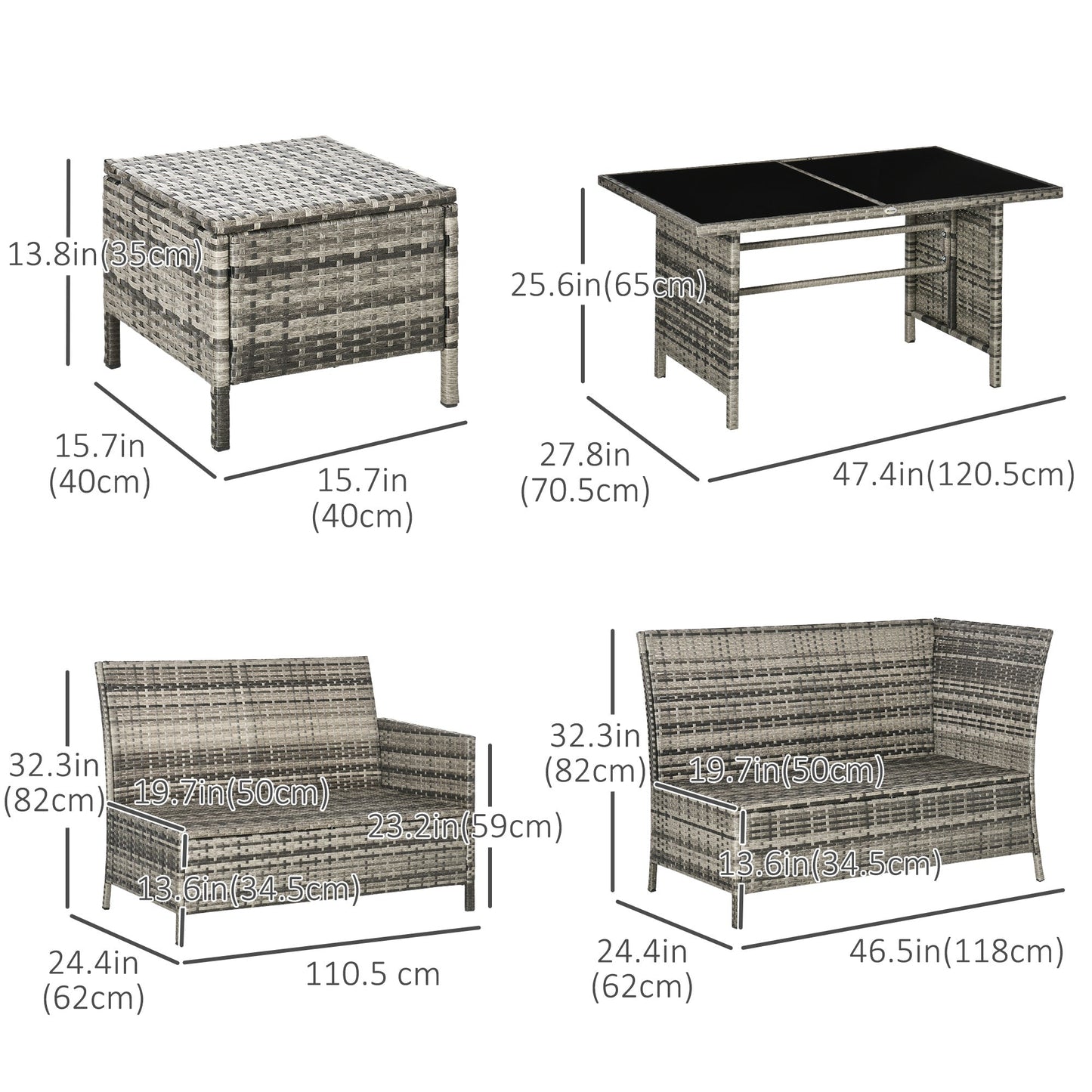 6 Pieces Patio Dining Set Wicker Outdoor Furniture Set Garden Rattan Sofa Set Outdoor Sectional Couch with Cushions, Dining Table and Ottomans, Sky Blue