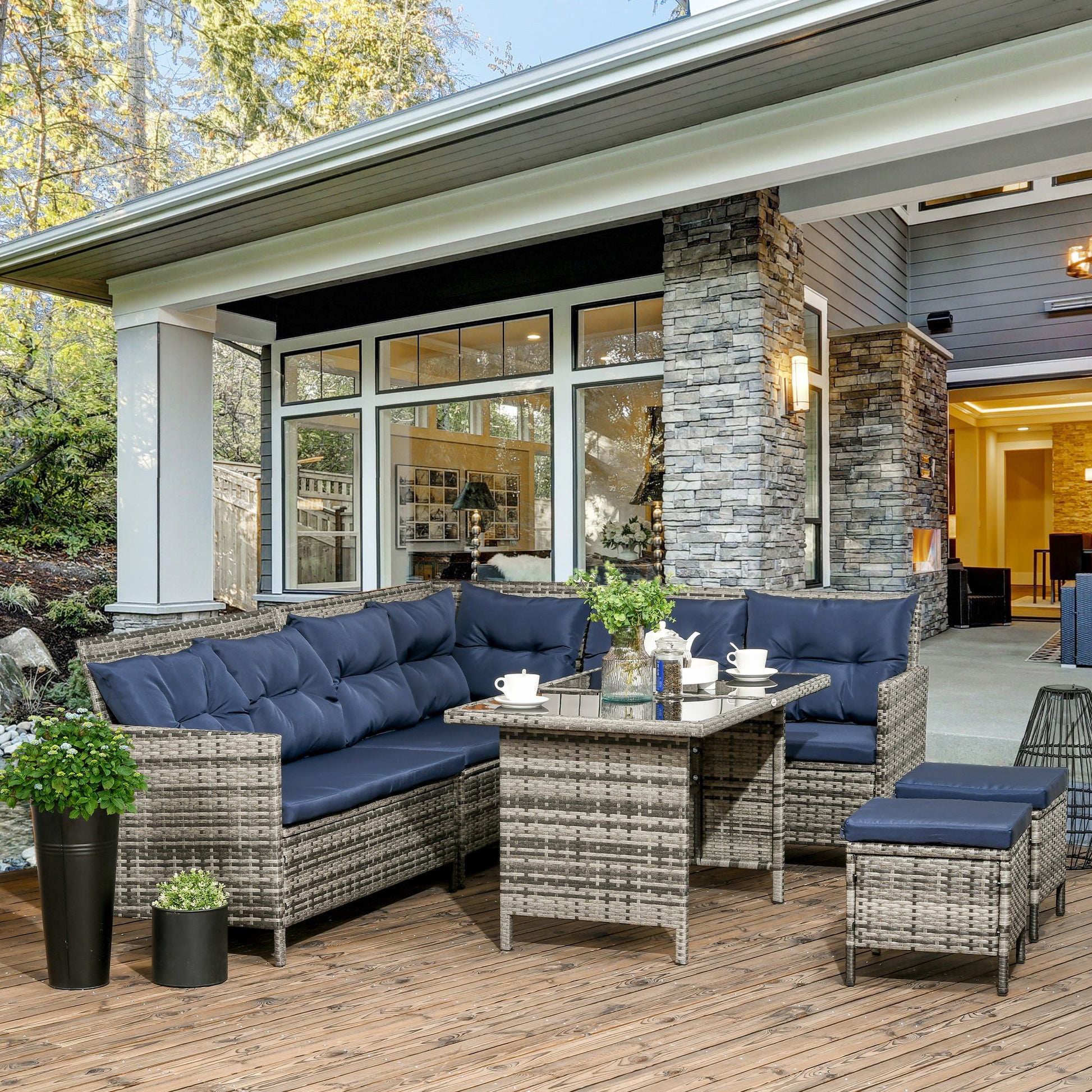 6 Pieces Patio Dining Set Wicker Outdoor Furniture Set Garden Rattan Sofa Set Outdoor Sectional Couch with Cushions, Dining Table and Ottomans, Sky Blue