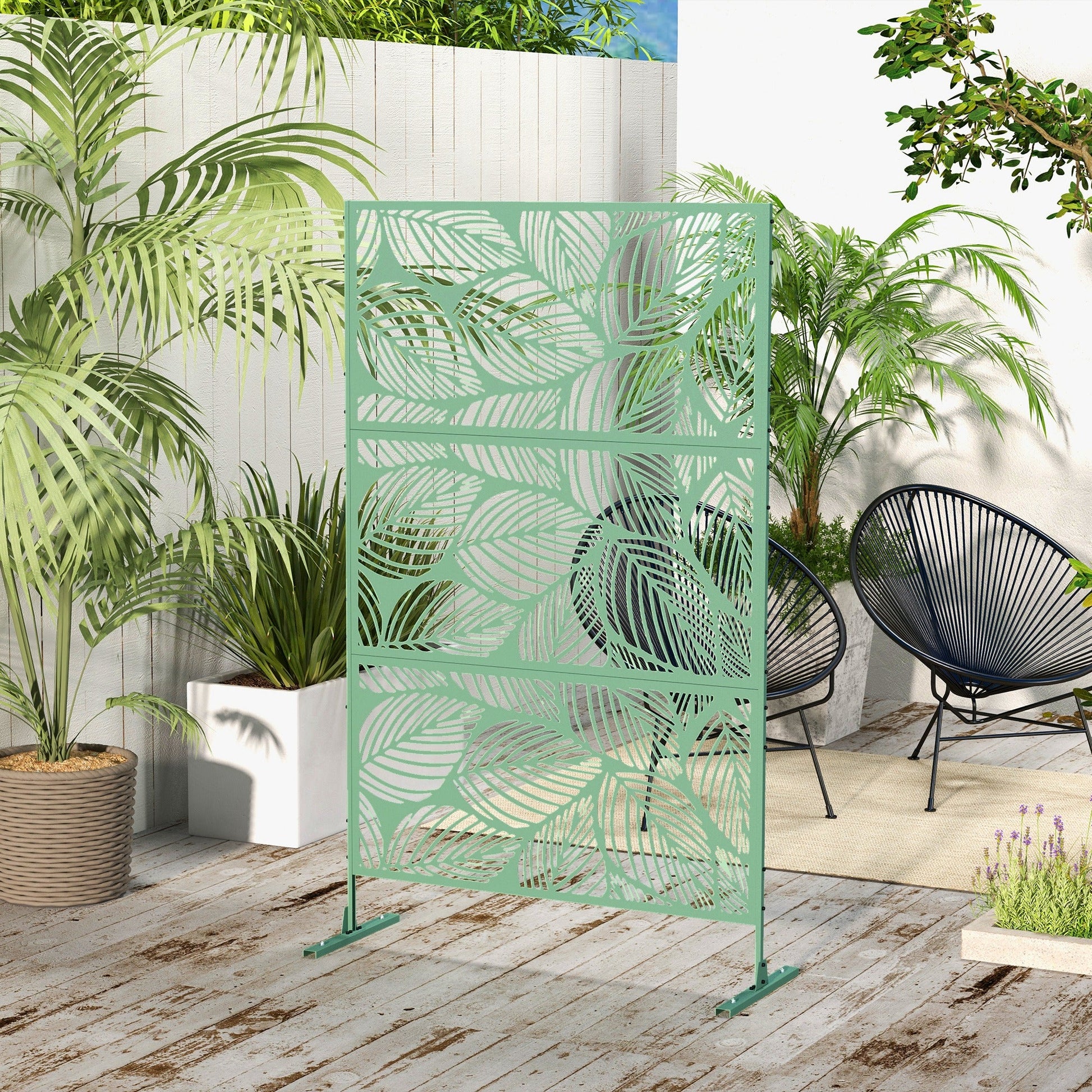 Metal Outdoor Privacy Screen, Decorative Outdoor Divider with Stand and Expansion Screws, Freestanding Privacy Panel for Garden, Backyard, Deck, Leaf Style, Light Green